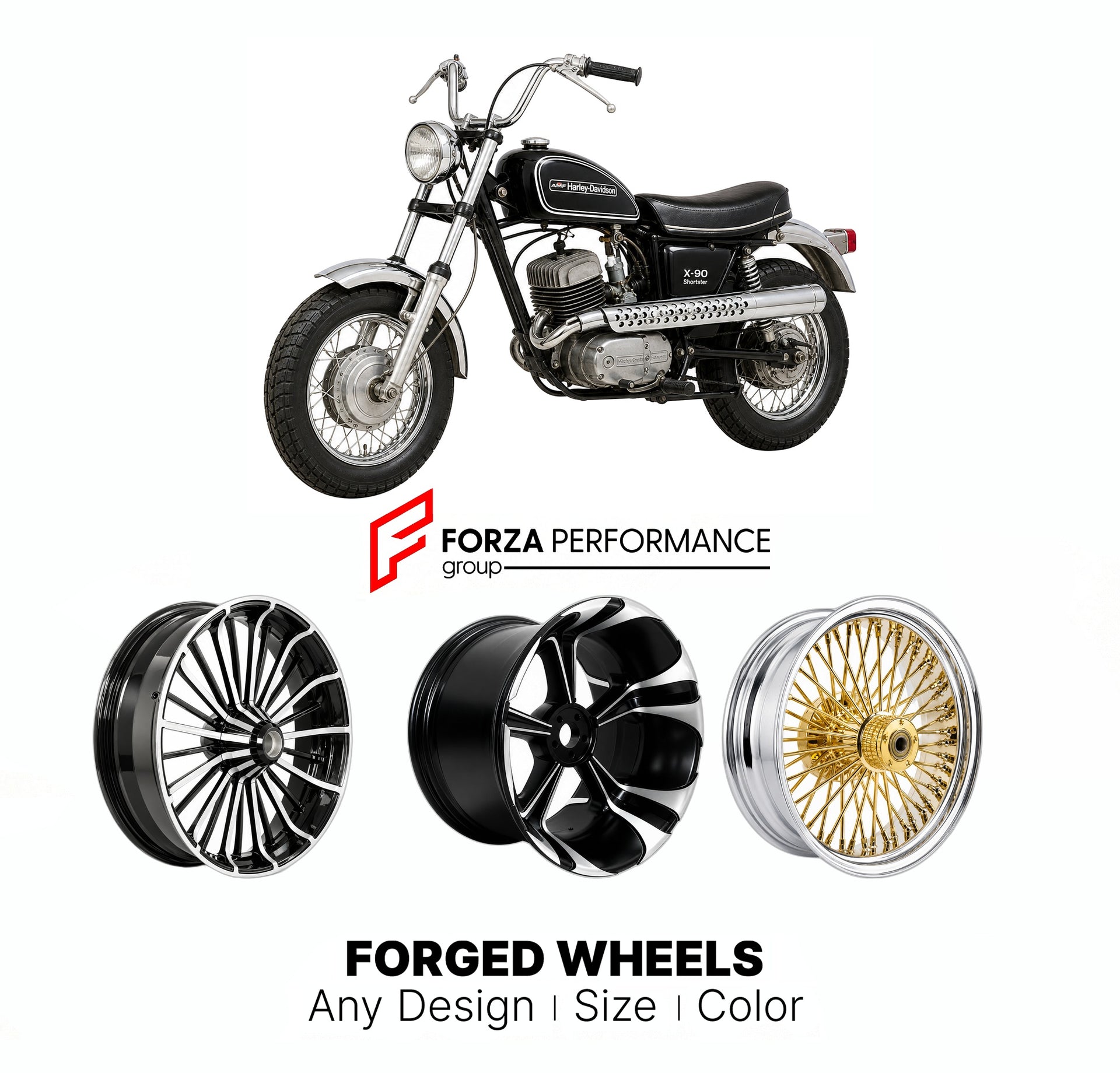 Custom forged motorcycle wheels for Harley Davidson X-90 Shortster 1973 - 1975. Any size, color and finish. ABS/non-ABS fitment available.

We manufacture premium quality forged motorcycle wheels rims for Harley Davidson X-90 Shortster 1973 - 1975 in any design, size, color.

We ensure your wheel set is delivered and fitted perfectly.

Finishing: Any

Optional for an additional price: Dual-Color, Brushing, Chroming, Polishing, Carbon Barrel.

We offer motorcycle wheels in many sizes: 12, 13, 14, 15, 16, 17,