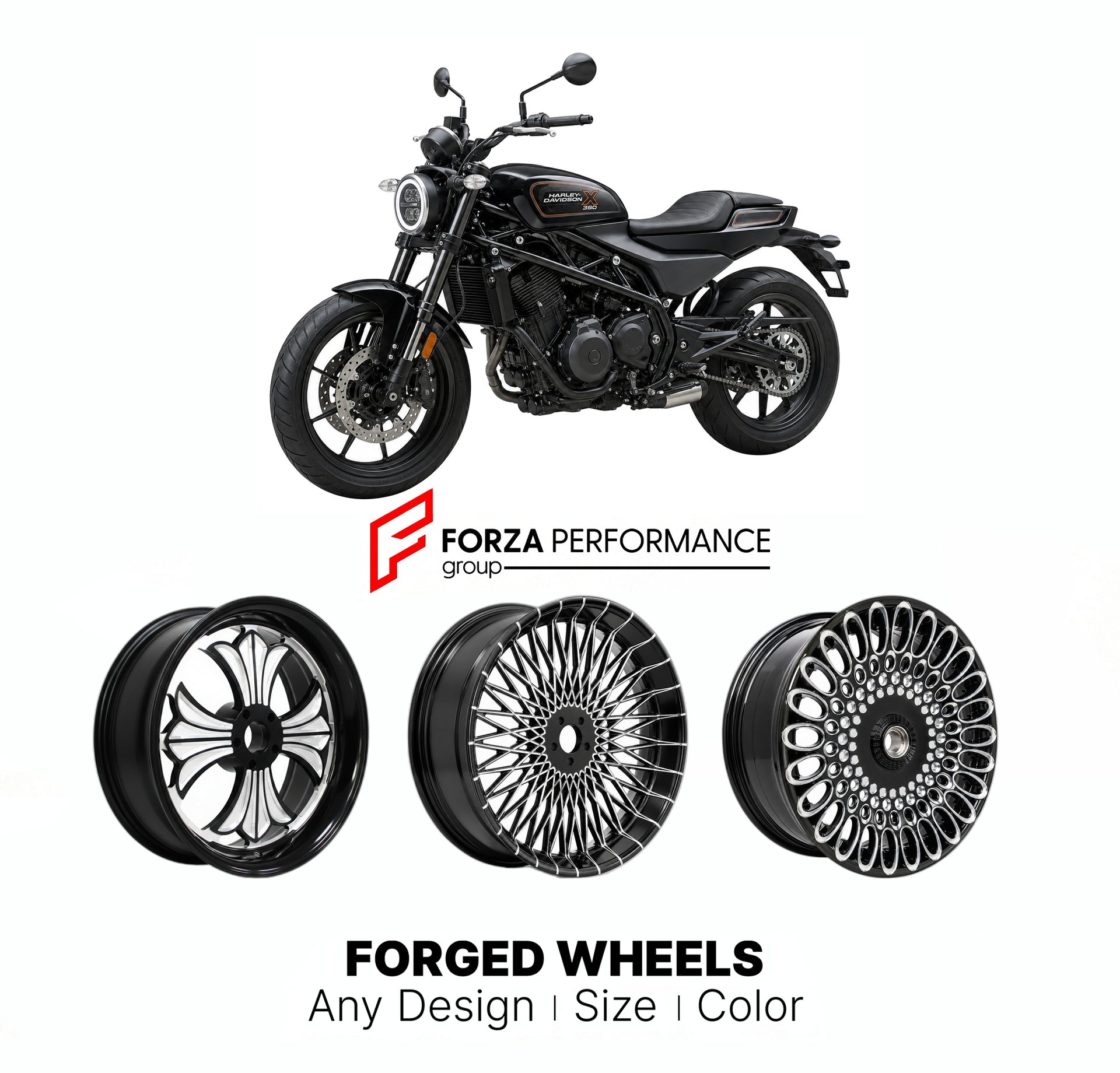 Custom forged motorcycle wheels for Harley Davidson X350 2023+. Any size, color and finish. ABS/non-ABS fitment available.

We manufacture premium quality forged motorcycle wheels rims for Harley Davidson X350 2023+ in any design, size, color.

We ensure your wheel set is delivered and fitted perfectly.

Finishing: Any

Optional for an additional price: Dual-Color, Brushing, Chroming, Polishing, Carbon Barrel.

We offer motorcycle wheels in many sizes: 12, 13, 14, 15, 16, 17, 18, 19, 20, 21, 22, 23, 24, 26,