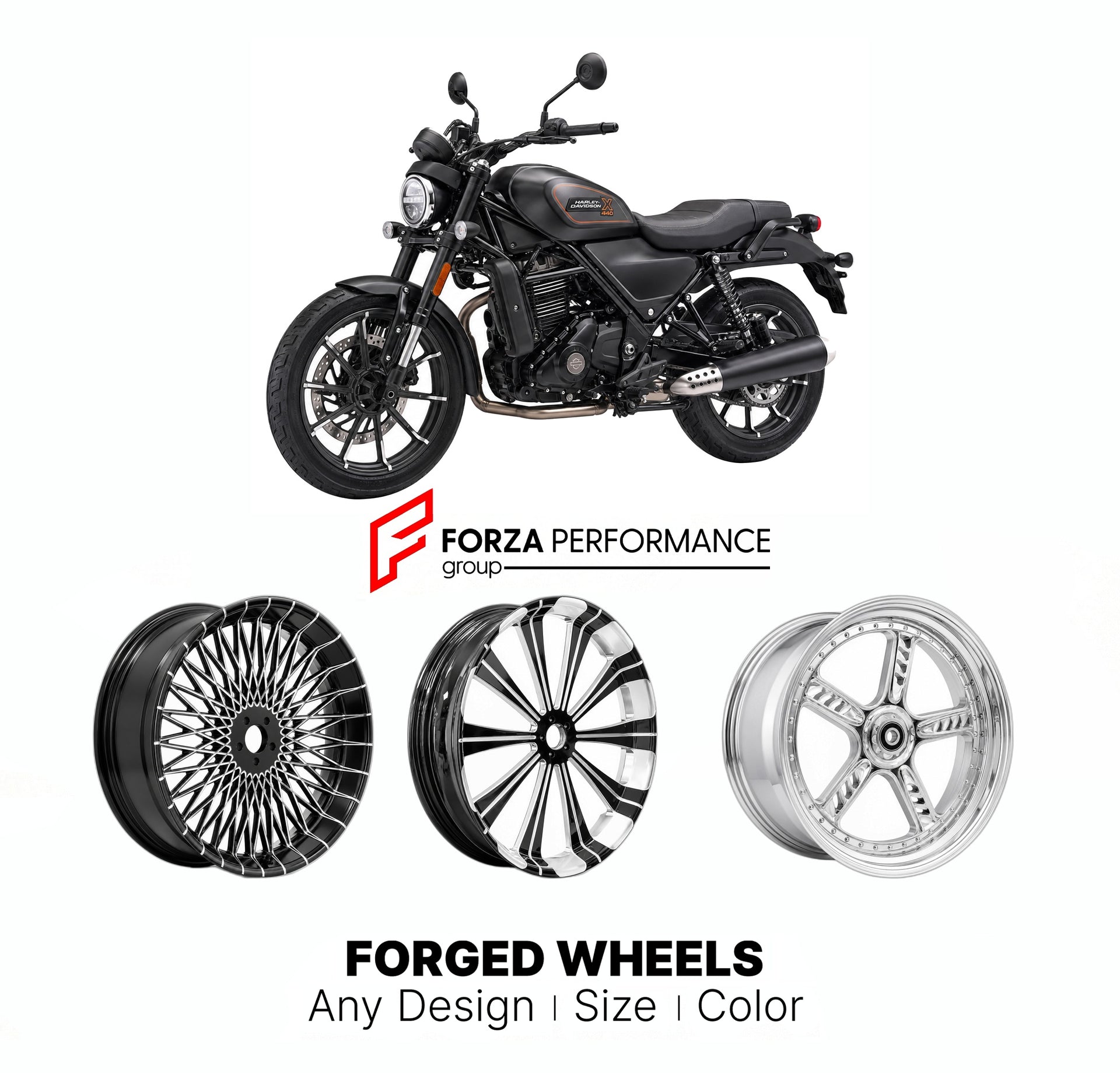 Custom forged motorcycle wheels for Harley Davidson X440 T 2025+. Any size, color and finish. ABS/non-ABS fitment available.

We manufacture premium quality forged motorcycle wheels rims for Harley Davidson X440 T 2025+ in any design, size, color.

We ensure your wheel set is delivered and fitted perfectly.

Finishing: Any

Optional for an additional price: Dual-Color, Brushing, Chroming, Polishing, Carbon Barrel.

We offer motorcycle wheels in many sizes: 12, 13, 14, 15, 16, 17, 18, 19, 20, 21, 22, 23, 24,