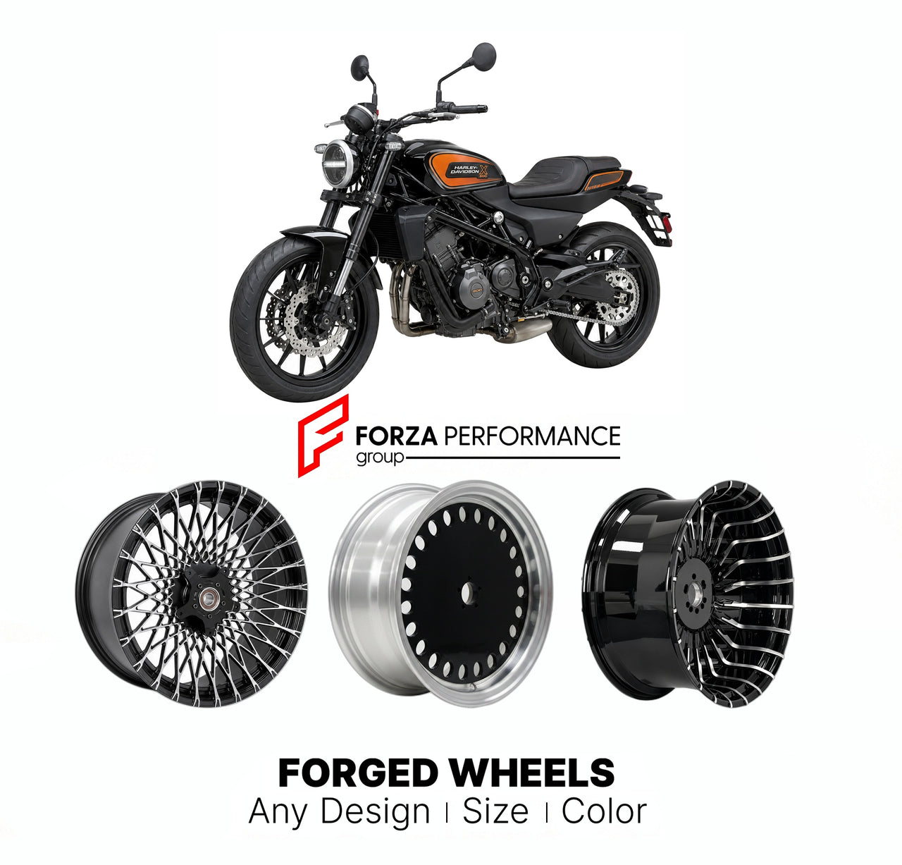 Custom forged motorcycle wheels for Harley Davidson X500 2023+. Any size, color and finish. ABS/non-ABS fitment available.

We manufacture premium quality forged motorcycle wheels rims for Harley Davidson X500 2023+ in any design, size, color.

We ensure your wheel set is delivered and fitted perfectly.

Finishing: Any

Optional for an additional price: Dual-Color, Brushing, Chroming, Polishing, Carbon Barrel.

We offer motorcycle wheels in many sizes: 12, 13, 14, 15, 16, 17, 18, 19, 20, 21, 22, 23, 24, 26,