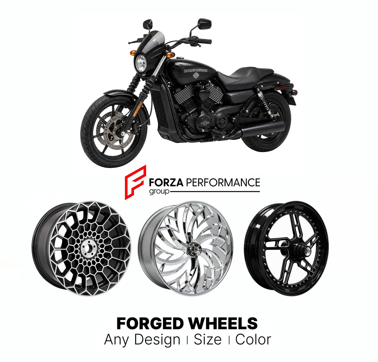 Custom forged motorcycle wheels for Harley Davidson XG500 Street 500 2014 - 2021. Any size, color and finish. ABS/non-ABS fitment available.

We manufacture premium quality forged motorcycle wheels rims for Harley Davidson XG500 Street 500 2014 - 2021 in any design, size, color.

We ensure your wheel set is delivered and fitted perfectly.

Finishing: Any

Optional for an additional price: Dual-Color, Brushing, Chroming, Polishing, Carbon Barrel.

We offer motorcycle wheels in many sizes: 12, 13, 14, 15, 16,