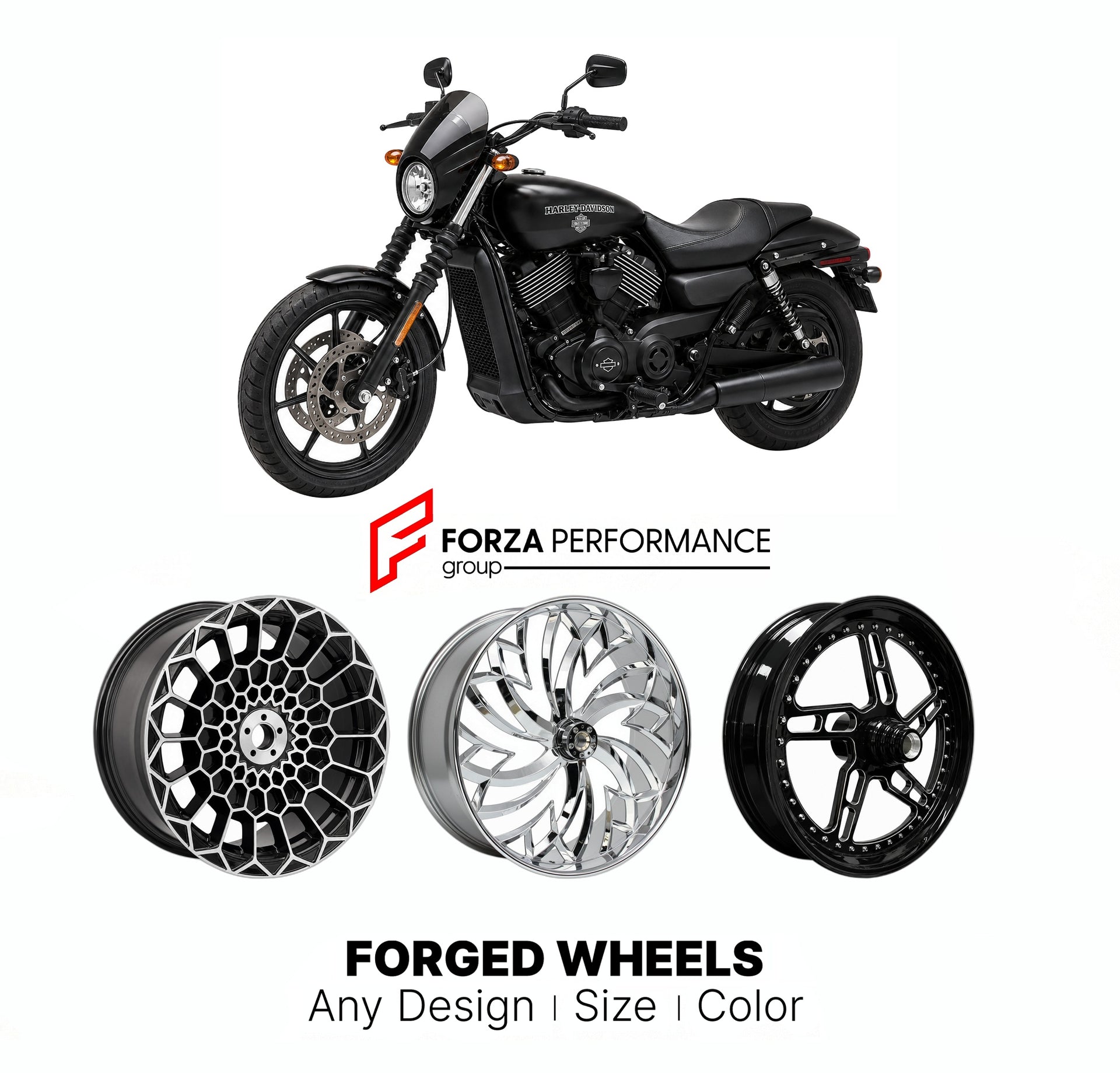 Custom forged motorcycle wheels for Harley Davidson XG500 Street 500 2014 - 2021. Any size, color and finish. ABS/non-ABS fitment available.

We manufacture premium quality forged motorcycle wheels rims for Harley Davidson XG500 Street 500 2014 - 2021 in any design, size, color.

We ensure your wheel set is delivered and fitted perfectly.

Finishing: Any

Optional for an additional price: Dual-Color, Brushing, Chroming, Polishing, Carbon Barrel.

We offer motorcycle wheels in many sizes: 12, 13, 14, 15, 16,