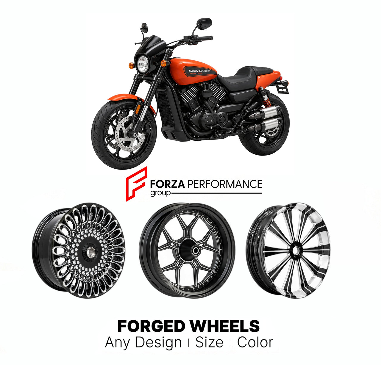 Custom forged motorcycle wheels for Harley Davidson XG750A Street Rod 750 2017 - 2020. Any size, color and finish. ABS/non-ABS fitment available.

We manufacture premium quality forged motorcycle wheels rims for Harley Davidson XG750A Street Rod 750 2017 - 2020 in any design, size, color.

We ensure your wheel set is delivered and fitted perfectly.

Finishing: Any

Optional for an additional price: Dual-Color, Brushing, Chroming, Polishing, Carbon Barrel.

We offer motorcycle wheels in many sizes: 12, 13, 1
