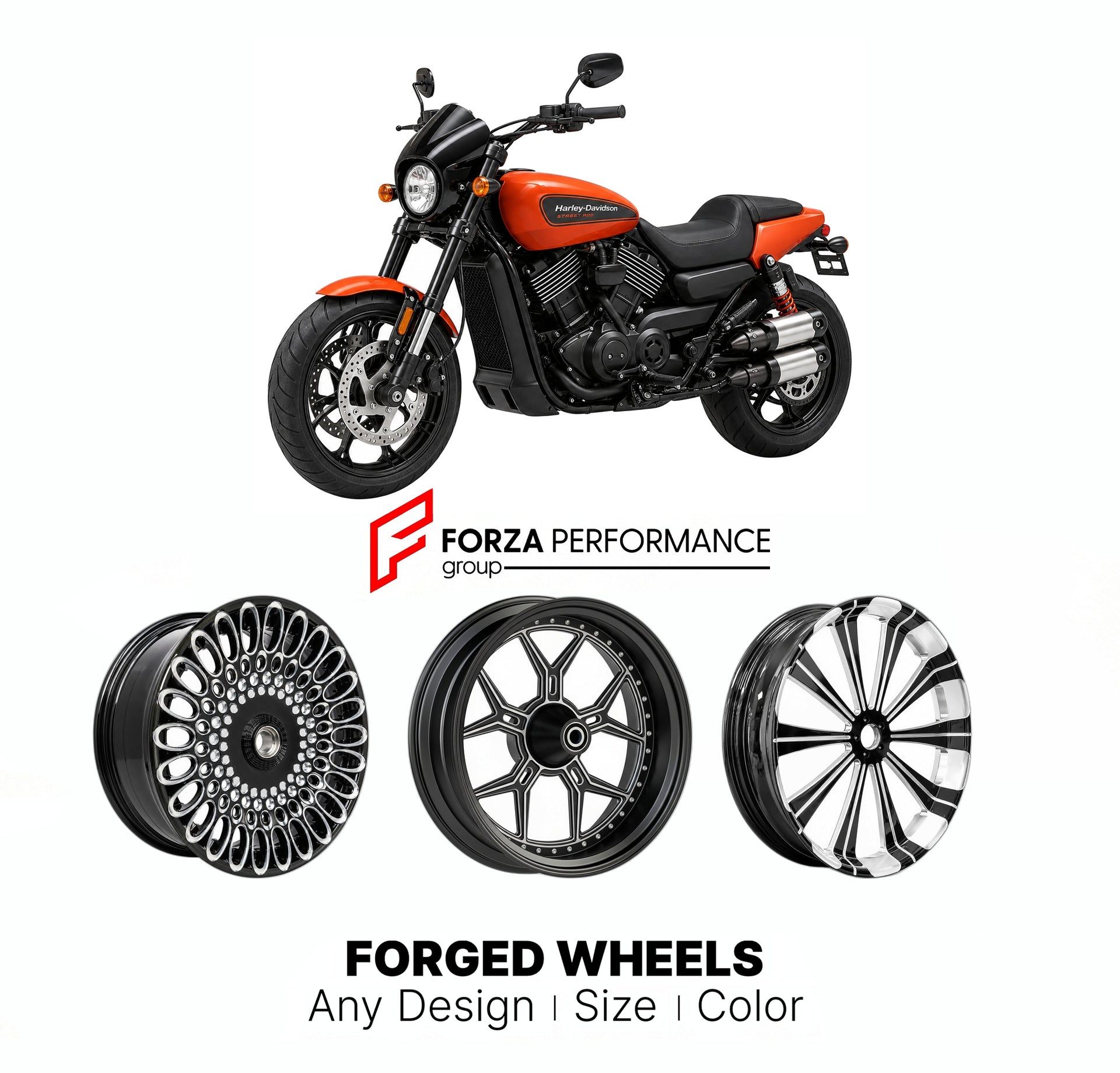 Custom forged motorcycle wheels for Harley Davidson XG750A Street Rod 750 2017 - 2020. Any size, color and finish. ABS/non-ABS fitment available.

We manufacture premium quality forged motorcycle wheels rims for Harley Davidson XG750A Street Rod 750 2017 - 2020 in any design, size, color.

We ensure your wheel set is delivered and fitted perfectly.

Finishing: Any

Optional for an additional price: Dual-Color, Brushing, Chroming, Polishing, Carbon Barrel.

We offer motorcycle wheels in many sizes: 12, 13, 1