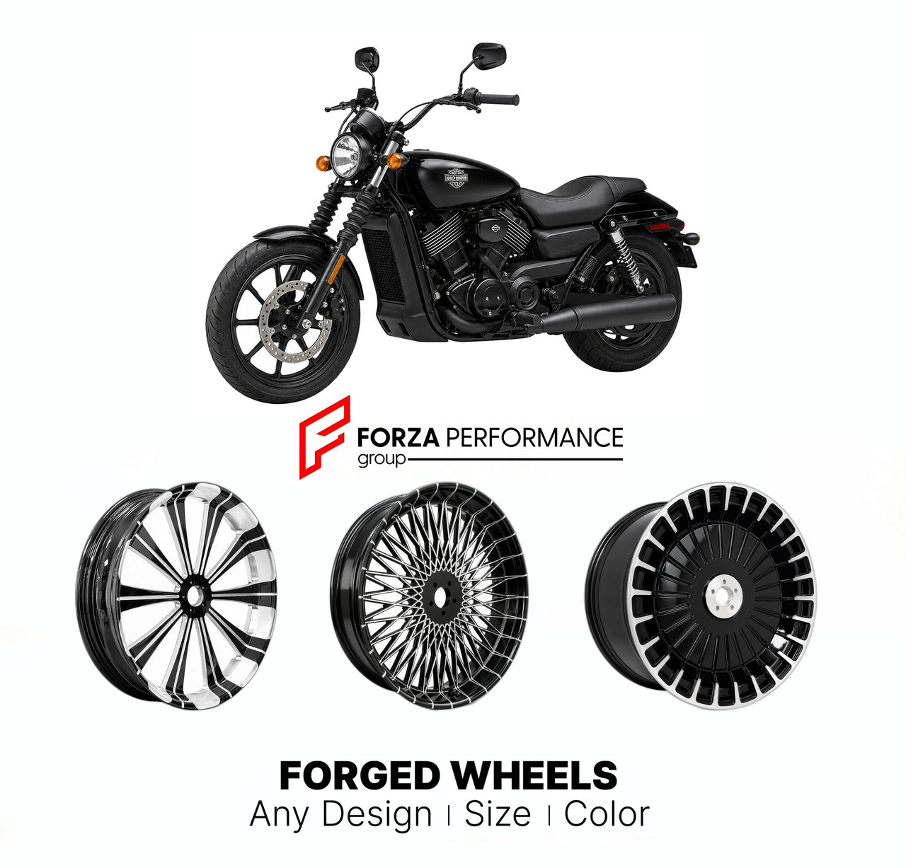 Custom forged motorcycle wheels for Harley Davidson XG750 Street 750 2014 - 2021. Any size, color and finish. ABS/non-ABS fitment available.

We manufacture premium quality forged motorcycle wheels rims for Harley Davidson XG750 Street 750 2014 - 2021 in any design, size, color.

We ensure your wheel set is delivered and fitted perfectly.

Finishing: Any

Optional for an additional price: Dual-Color, Brushing, Chroming, Polishing, Carbon Barrel.

We offer motorcycle wheels in many sizes: 12, 13, 14, 15, 16,