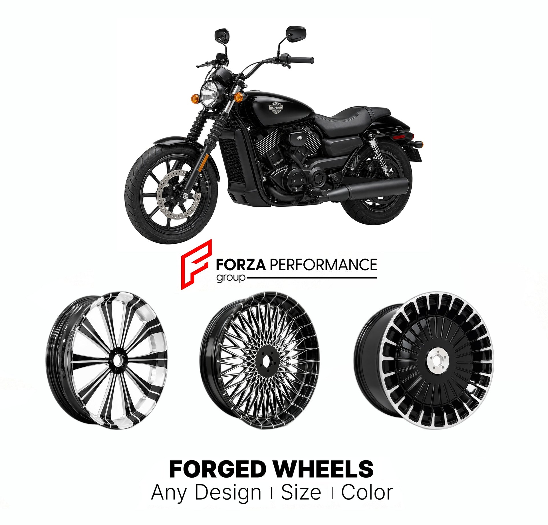 Custom forged motorcycle wheels for Harley Davidson XG750 Street 750 2014 - 2021. Any size, color and finish. ABS/non-ABS fitment available.

We manufacture premium quality forged motorcycle wheels rims for Harley Davidson XG750 Street 750 2014 - 2021 in any design, size, color.

We ensure your wheel set is delivered and fitted perfectly.

Finishing: Any

Optional for an additional price: Dual-Color, Brushing, Chroming, Polishing, Carbon Barrel.

We offer motorcycle wheels in many sizes: 12, 13, 14, 15, 16,