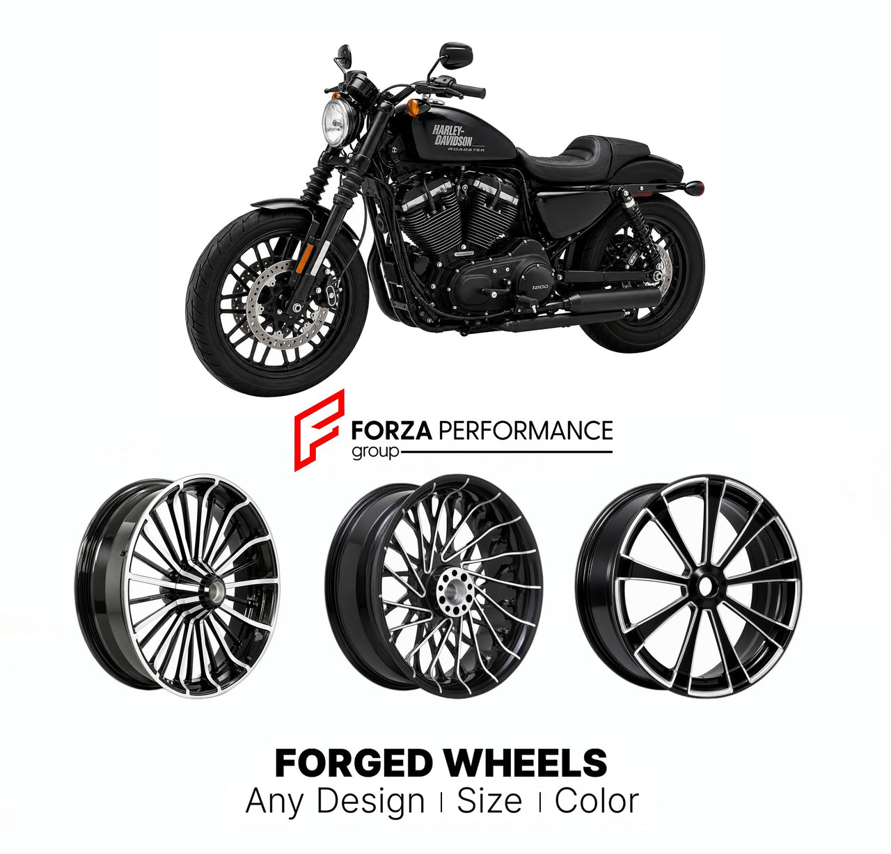 Custom forged motorcycle wheels for Harley Davidson XL1200CX Roadster 2016 - 2020. Any size, color and finish. ABS/non-ABS fitment available.

We manufacture premium quality forged motorcycle wheels rims for Harley Davidson XL1200CX Roadster 2016 - 2020 in any design, size, color.

We ensure your wheel set is delivered and fitted perfectly.

Finishing: Any

Optional for an additional price: Dual-Color, Brushing, Chroming, Polishing, Carbon Barrel.

We offer motorcycle wheels in many sizes: 12, 13, 14, 15, 1