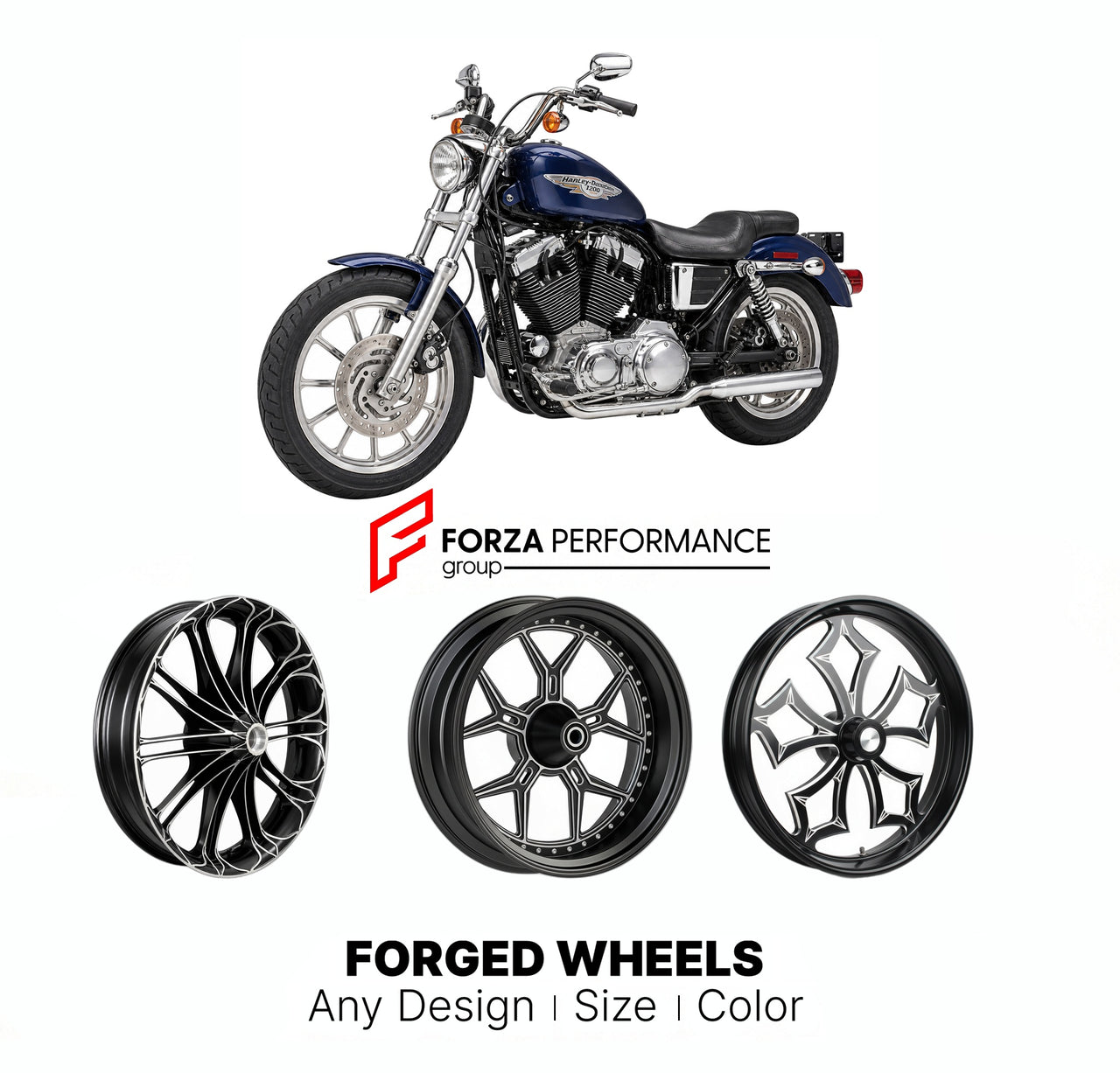 Custom forged motorcycle wheels for Harley Davidson XL1200C Sportster 1200 Custom 1996 - 2019. Any size, color and finish. ABS/non-ABS fitment available.

We manufacture premium quality forged motorcycle wheels rims for Harley Davidson XL1200C Sportster 1200 Custom 1996 - 2019 in any design, size, color.

We ensure your wheel set is delivered and fitted perfectly.

Finishing: Any

Optional for an additional price: Dual-Color, Brushing, Chroming, Polishing, Carbon Barrel.

We offer motorcycle wheels in many 