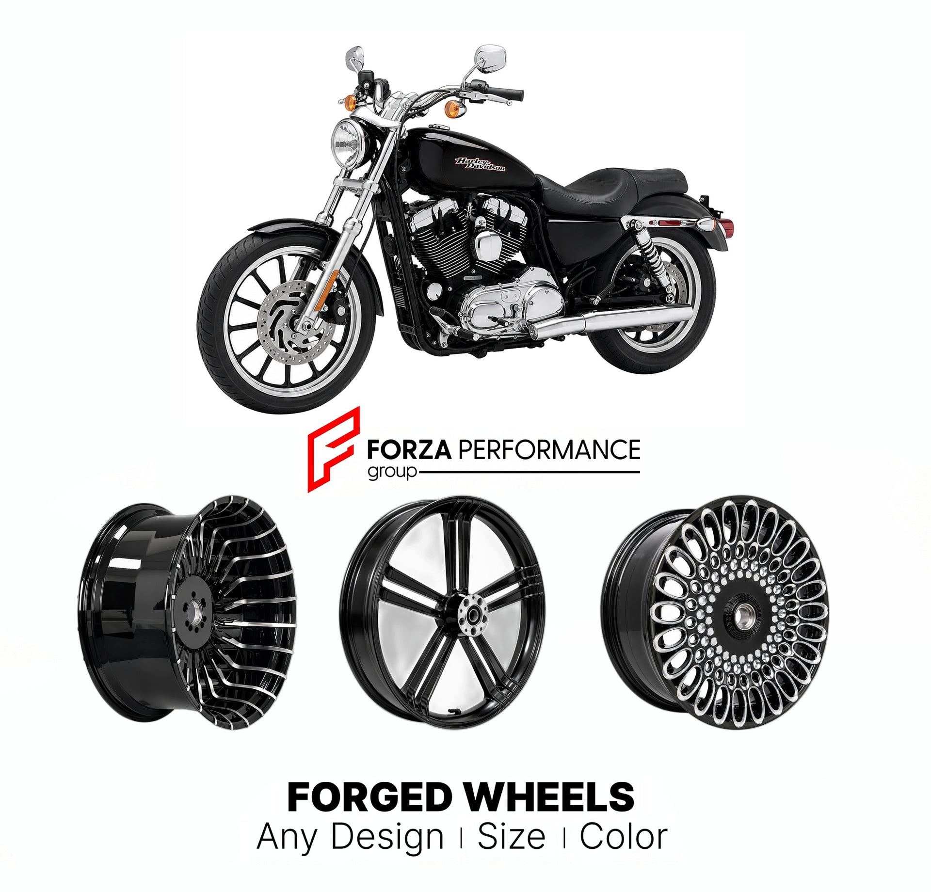 Custom forged motorcycle wheels for Harley Davidson XL1200L Sportster 1200 Low 2006 - 2011. Any size, color and finish. ABS/non-ABS fitment available.

We manufacture premium quality forged motorcycle wheels rims for Harley Davidson XL1200L Sportster 1200 Low 2006 - 2011 in any design, size, color.

We ensure your wheel set is delivered and fitted perfectly.

Finishing: Any

Optional for an additional price: Dual-Color, Brushing, Chroming, Polishing, Carbon Barrel.

We offer motorcycle wheels in many sizes:
