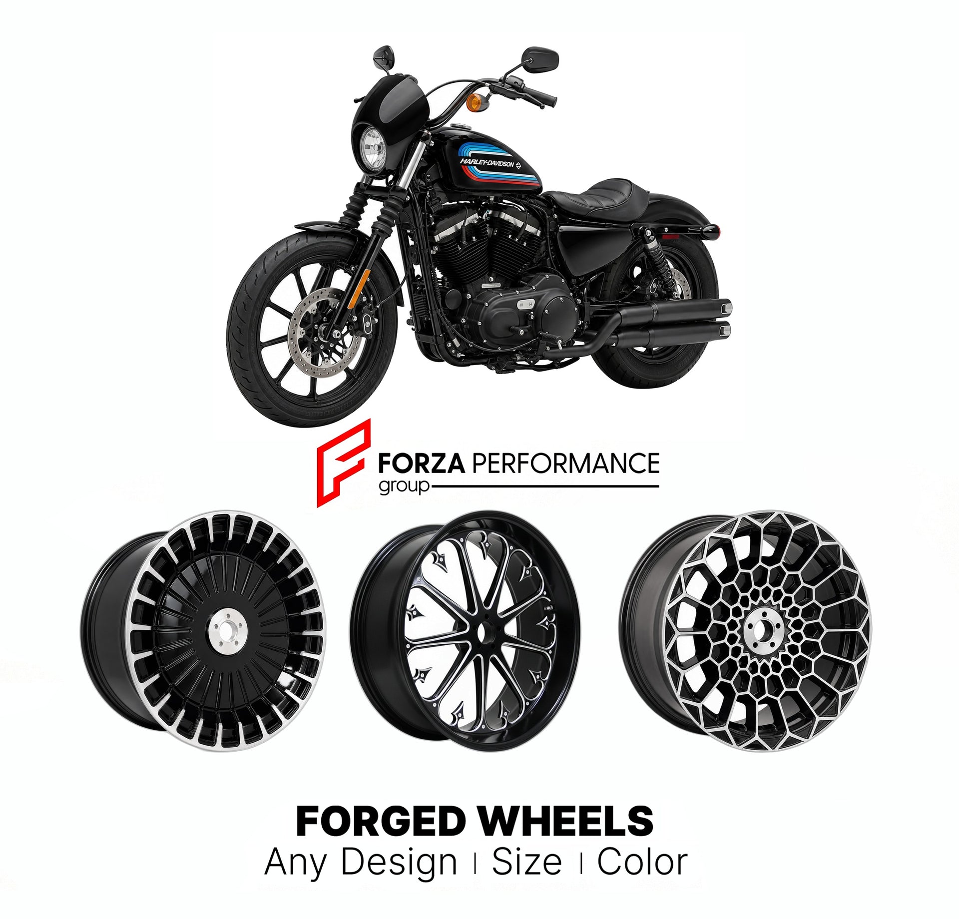 Custom forged motorcycle wheels for Harley Davidson XL1200NS Iron 1200 2018 - 2021. Any size, color and finish. ABS/non-ABS fitment available.

We manufacture premium quality forged motorcycle wheels rims for Harley Davidson XL1200NS Iron 1200 2018 - 2021 in any design, size, color.

We ensure your wheel set is delivered and fitted perfectly.

Finishing: Any

Optional for an additional price: Dual-Color, Brushing, Chroming, Polishing, Carbon Barrel.

We offer motorcycle wheels in many sizes: 12, 13, 14, 15,