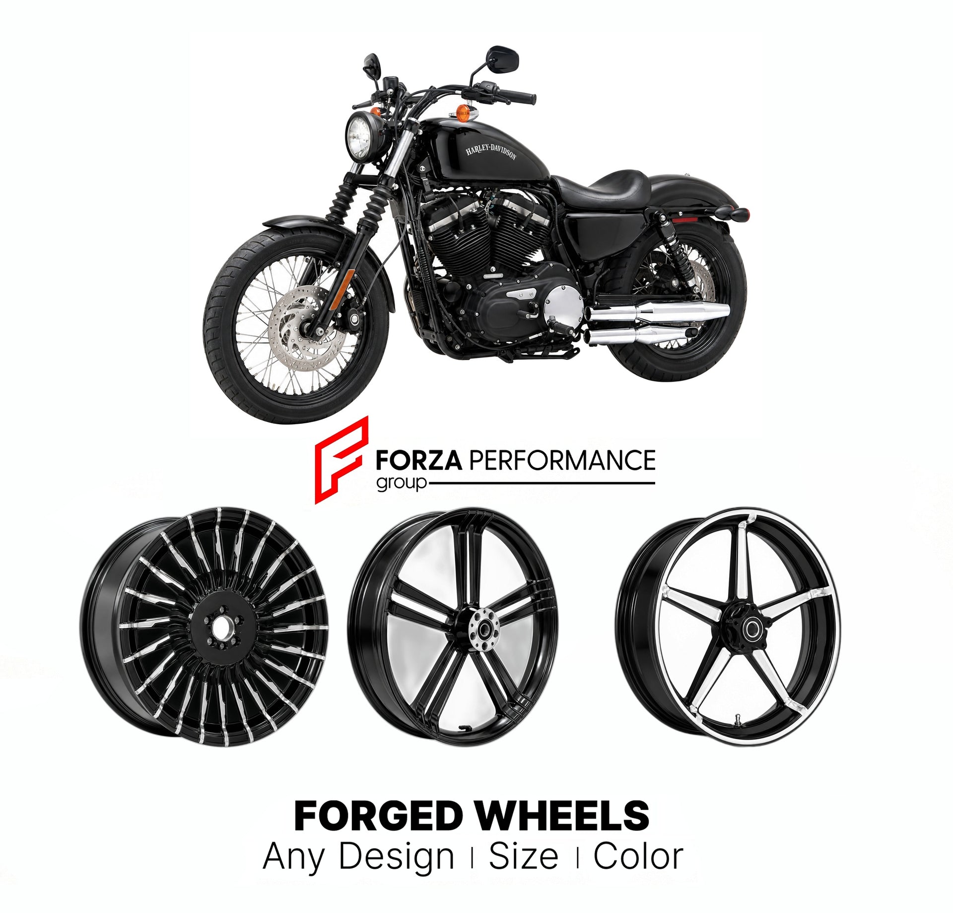 Custom forged motorcycle wheels for Harley Davidson XL1200N Nightster 2007 - 2012. Any size, color and finish. ABS/non-ABS fitment available.

We manufacture premium quality forged motorcycle wheels rims for Harley Davidson XL1200N Nightster 2007 - 2012 in any design, size, color.

We ensure your wheel set is delivered and fitted perfectly.

Finishing: Any

Optional for an additional price: Dual-Color, Brushing, Chroming, Polishing, Carbon Barrel.

We offer motorcycle wheels in many sizes: 12, 13, 14, 15, 1