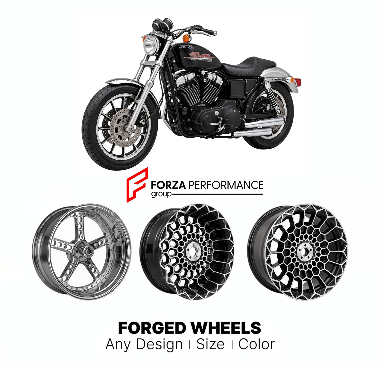 Custom forged motorcycle wheels for Harley Davidson XL1200S Sportster Sport 1996 - 2003. Any size, color and finish. ABS/non-ABS fitment available.

We manufacture premium quality forged motorcycle wheels rims for Harley Davidson XL1200S Sportster Sport 1996 - 2003 in any design, size, color.

We ensure your wheel set is delivered and fitted perfectly.

Finishing: Any

Optional for an additional price: Dual-Color, Brushing, Chroming, Polishing, Carbon Barrel.

We offer motorcycle wheels in many sizes: 12, 1