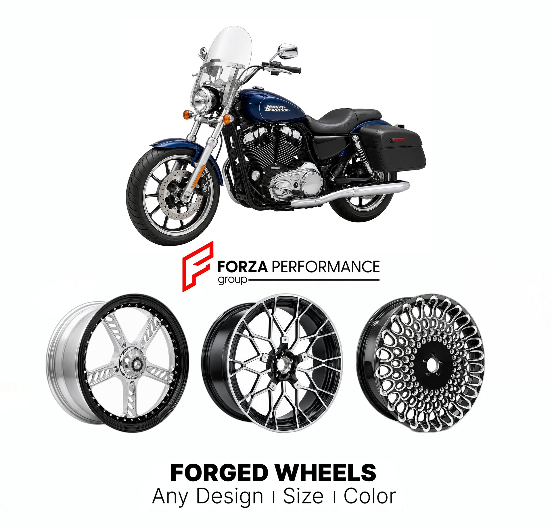 Custom forged motorcycle wheels for Harley Davidson XL1200T SuperLow 1200T 2014 - 2017. Any size, color and finish. ABS/non-ABS fitment available.

We manufacture premium quality forged motorcycle wheels rims for Harley Davidson XL1200T SuperLow 1200T 2014 - 2017 in any design, size, color.

We ensure your wheel set is delivered and fitted perfectly.

Finishing: Any

Optional for an additional price: Dual-Color, Brushing, Chroming, Polishing, Carbon Barrel.

We offer motorcycle wheels in many sizes: 12, 13,