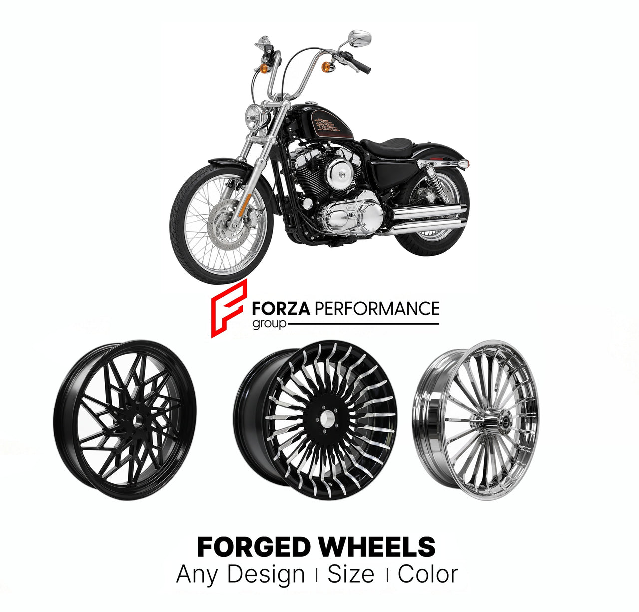 Custom forged motorcycle wheels for Harley Davidson XL1200V Seventy-Two 2012 - 2016. Any size, color and finish. ABS/non-ABS fitment available.

We manufacture premium quality forged motorcycle wheels rims for Harley Davidson XL1200V Seventy-Two 2012 - 2016 in any design, size, color.

We ensure your wheel set is delivered and fitted perfectly.

Finishing: Any

Optional for an additional price: Dual-Color, Brushing, Chroming, Polishing, Carbon Barrel.

We offer motorcycle wheels in many sizes: 12, 13, 14, 1