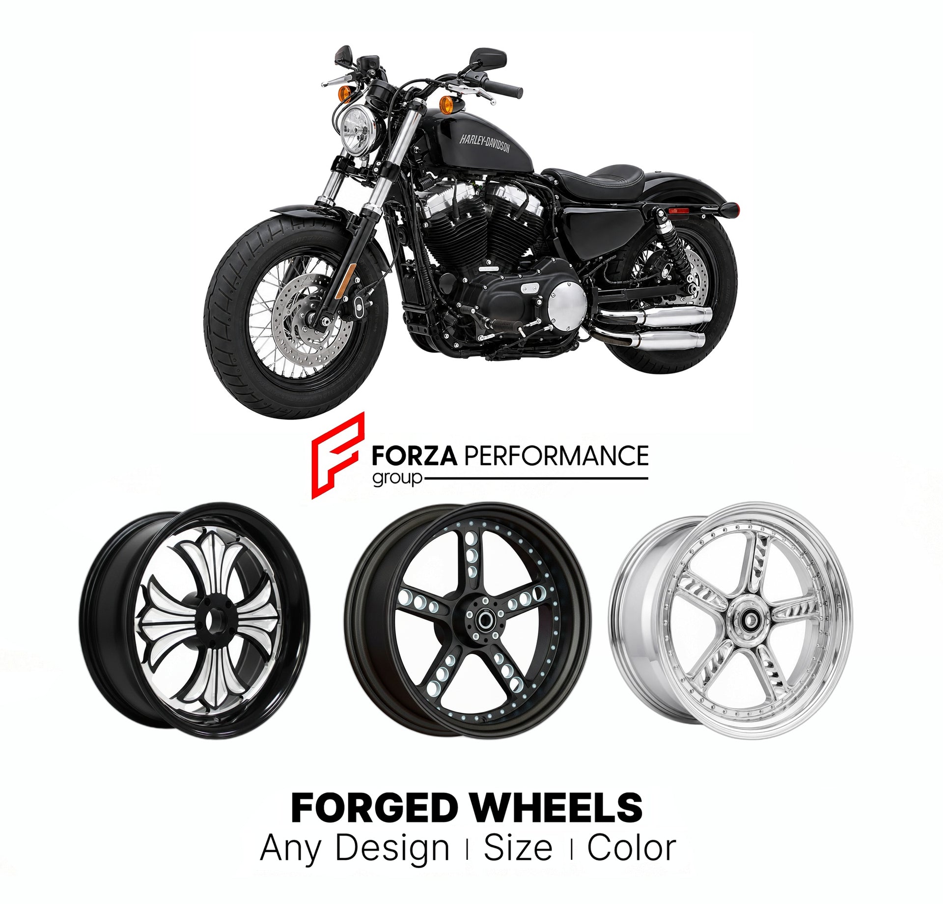 Custom forged motorcycle wheels for Harley Davidson XL1200X Forty-Eight 2010 - 2022. Any size, color and finish. ABS/non-ABS fitment available.

We manufacture premium quality forged motorcycle wheels rims for Harley Davidson XL1200X Forty-Eight 2010 - 2022 in any design, size, color.

We ensure your wheel set is delivered and fitted perfectly.

Finishing: Any

Optional for an additional price: Dual-Color, Brushing, Chroming, Polishing, Carbon Barrel.

We offer motorcycle wheels in many sizes: 12, 13, 14, 1