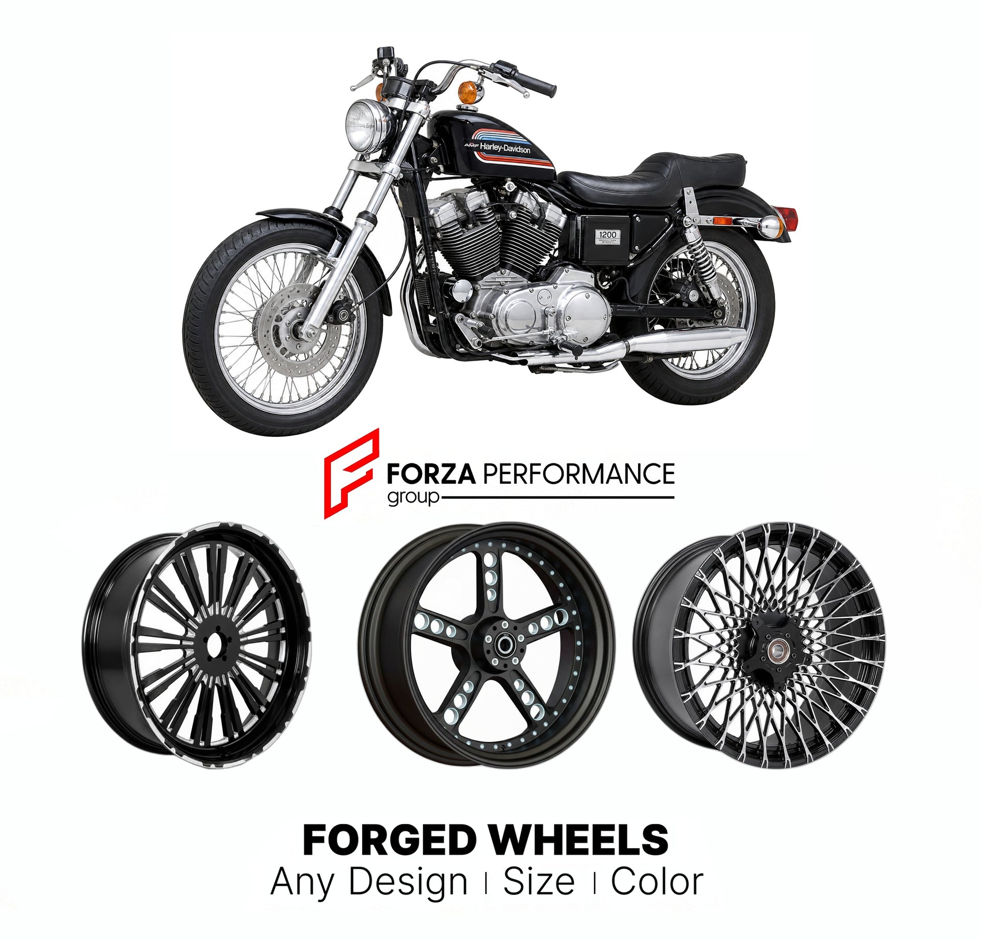 Custom forged motorcycle wheels for Harley Davidson XL1200 Sportster 1200 1988 - 2003. Any size, color and finish. ABS/non-ABS fitment available.

We manufacture premium quality forged motorcycle wheels rims for Harley Davidson XL1200 Sportster 1200 1988 - 2003 in any design, size, color.

We ensure your wheel set is delivered and fitted perfectly.

Finishing: Any

Optional for an additional price: Dual-Color, Brushing, Chroming, Polishing, Carbon Barrel.

We offer motorcycle wheels in many sizes: 12, 13, 1