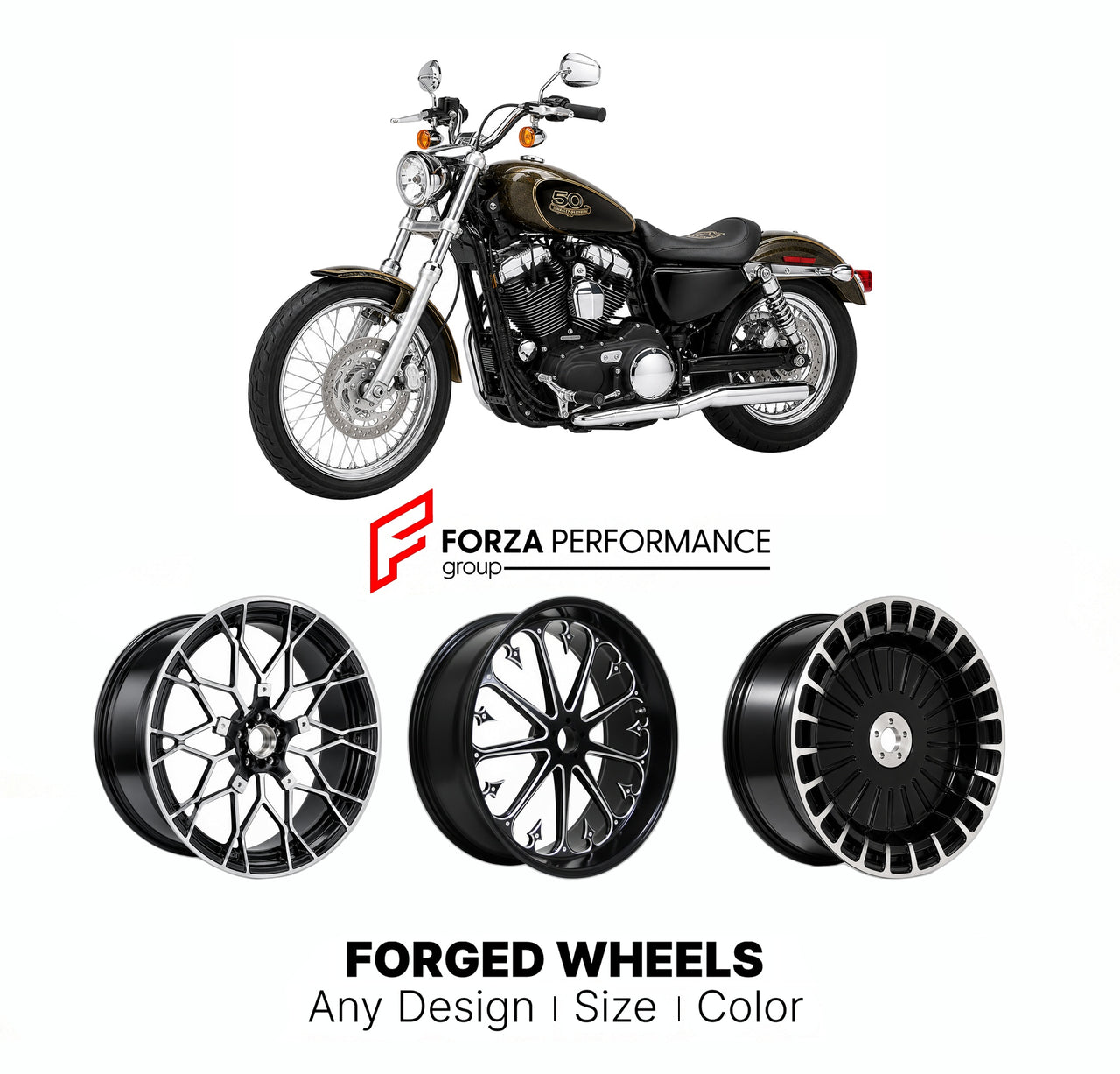 Custom forged motorcycle wheels for Harley Davidson XL50 50th Anniversary Sportster 2007 - 2007. Any size, color and finish. ABS/non-ABS fitment available.

We manufacture premium quality forged motorcycle wheels rims for Harley Davidson XL50 50th Anniversary Sportster 2007 - 2007 in any design, size, color.

We ensure your wheel set is delivered and fitted perfectly.

Finishing: Any

Optional for an additional price: Dual-Color, Brushing, Chroming, Polishing, Carbon Barrel.

We offer motorcycle wheels in m