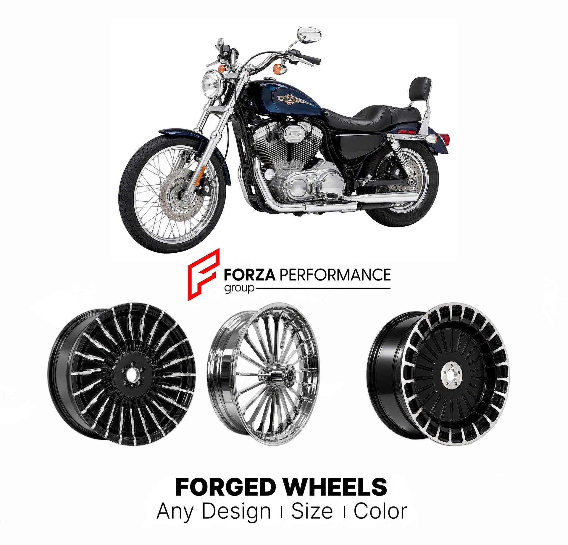 Custom forged motorcycle wheels for Harley Davidson XL883C Sportster 883 Custom 1999 - 2009. Any size, color and finish. ABS/non-ABS fitment available.

We manufacture premium quality forged motorcycle wheels rims for Harley Davidson XL883C Sportster 883 Custom 1999 - 2009 in any design, size, color.

We ensure your wheel set is delivered and fitted perfectly.

Finishing: Any

Optional for an additional price: Dual-Color, Brushing, Chroming, Polishing, Carbon Barrel.

We offer motorcycle wheels in many size