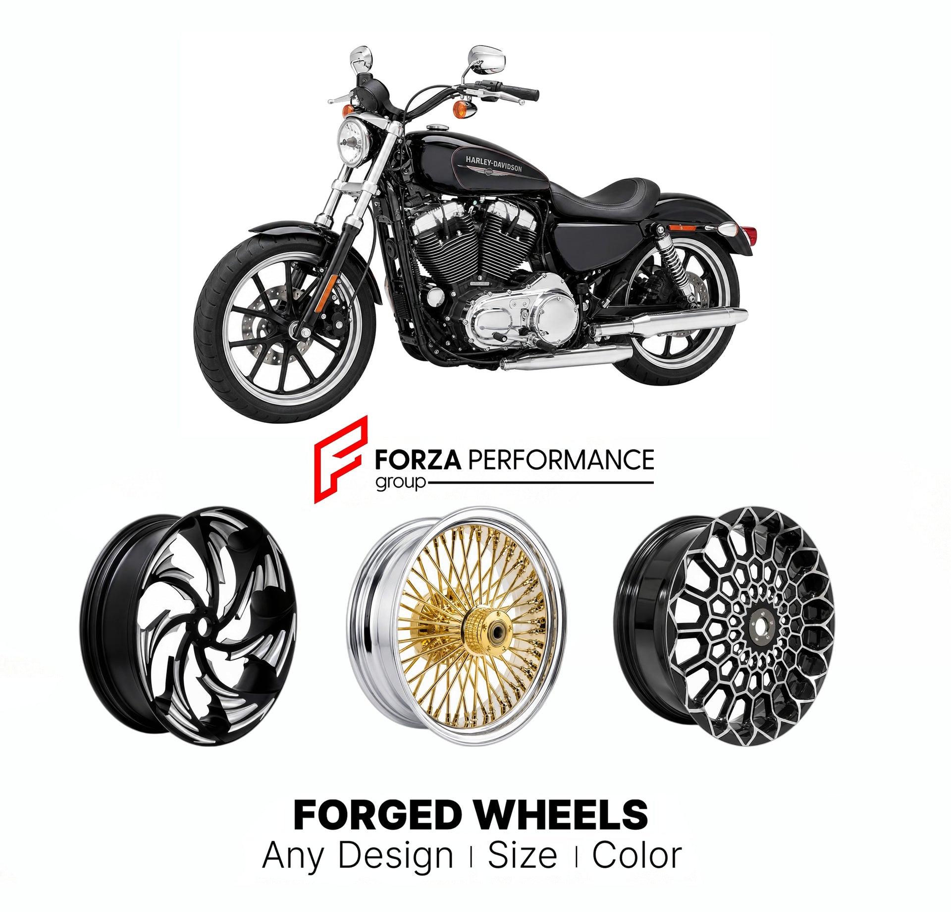 Custom forged motorcycle wheels for Harley Davidson XL883L Sportster 883 Low 2005 - 2019. Any size, color and finish. ABS/non-ABS fitment available.

We manufacture premium quality forged motorcycle wheels rims for Harley Davidson XL883L Sportster 883 Low 2005 - 2019 in any design, size, color.

We ensure your wheel set is delivered and fitted perfectly.

Finishing: Any

Optional for an additional price: Dual-Color, Brushing, Chroming, Polishing, Carbon Barrel.

We offer motorcycle wheels in many sizes: 12,