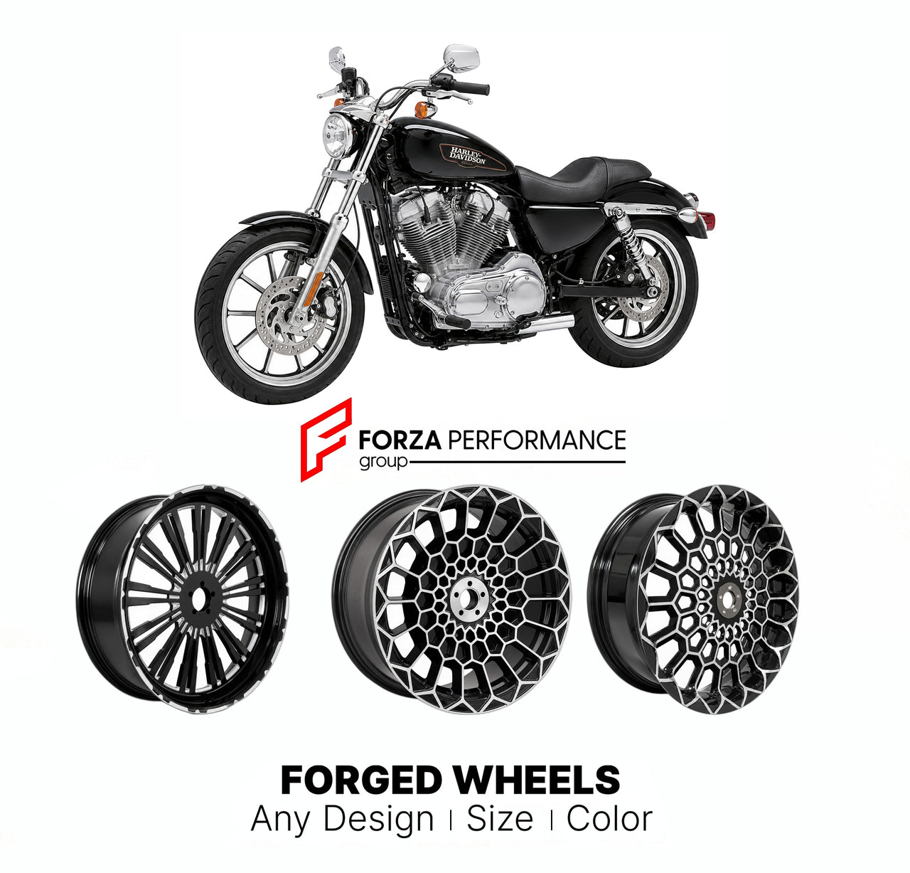 Custom forged motorcycle wheels for Harley Davidson XL883L SuperLow 2005 - 2019. Any size, color and finish. ABS/non-ABS fitment available.

We manufacture premium quality forged motorcycle wheels rims for Harley Davidson XL883L SuperLow 2005 - 2019 in any design, size, color.

We ensure your wheel set is delivered and fitted perfectly.

Finishing: Any

Optional for an additional price: Dual-Color, Brushing, Chroming, Polishing, Carbon Barrel.

We offer motorcycle wheels in many sizes: 12, 13, 14, 15, 16, 1
