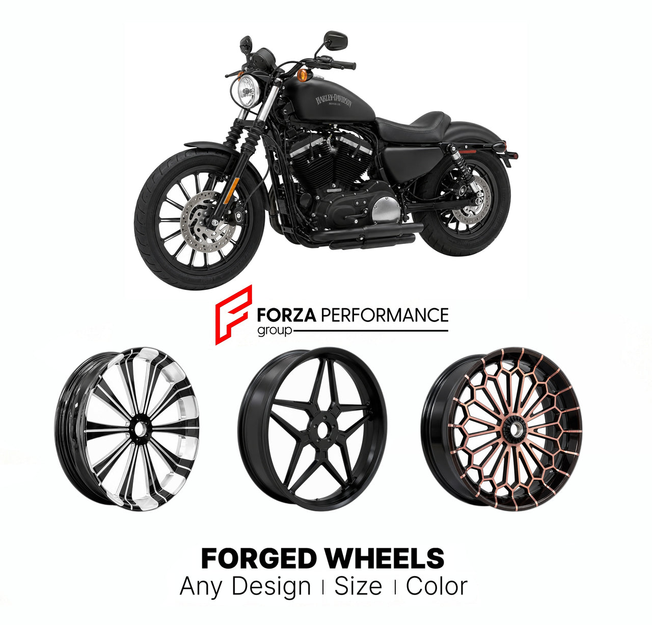 Custom forged motorcycle wheels for Harley Davidson XL883N Iron 883 2009 - 2022. Any size, color and finish. ABS/non-ABS fitment available.

We manufacture premium quality forged motorcycle wheels rims for Harley Davidson XL883N Iron 883 2009 - 2022 in any design, size, color.

We ensure your wheel set is delivered and fitted perfectly.

Finishing: Any

Optional for an additional price: Dual-Color, Brushing, Chroming, Polishing, Carbon Barrel.

We offer motorcycle wheels in many sizes: 12, 13, 14, 15, 16, 1