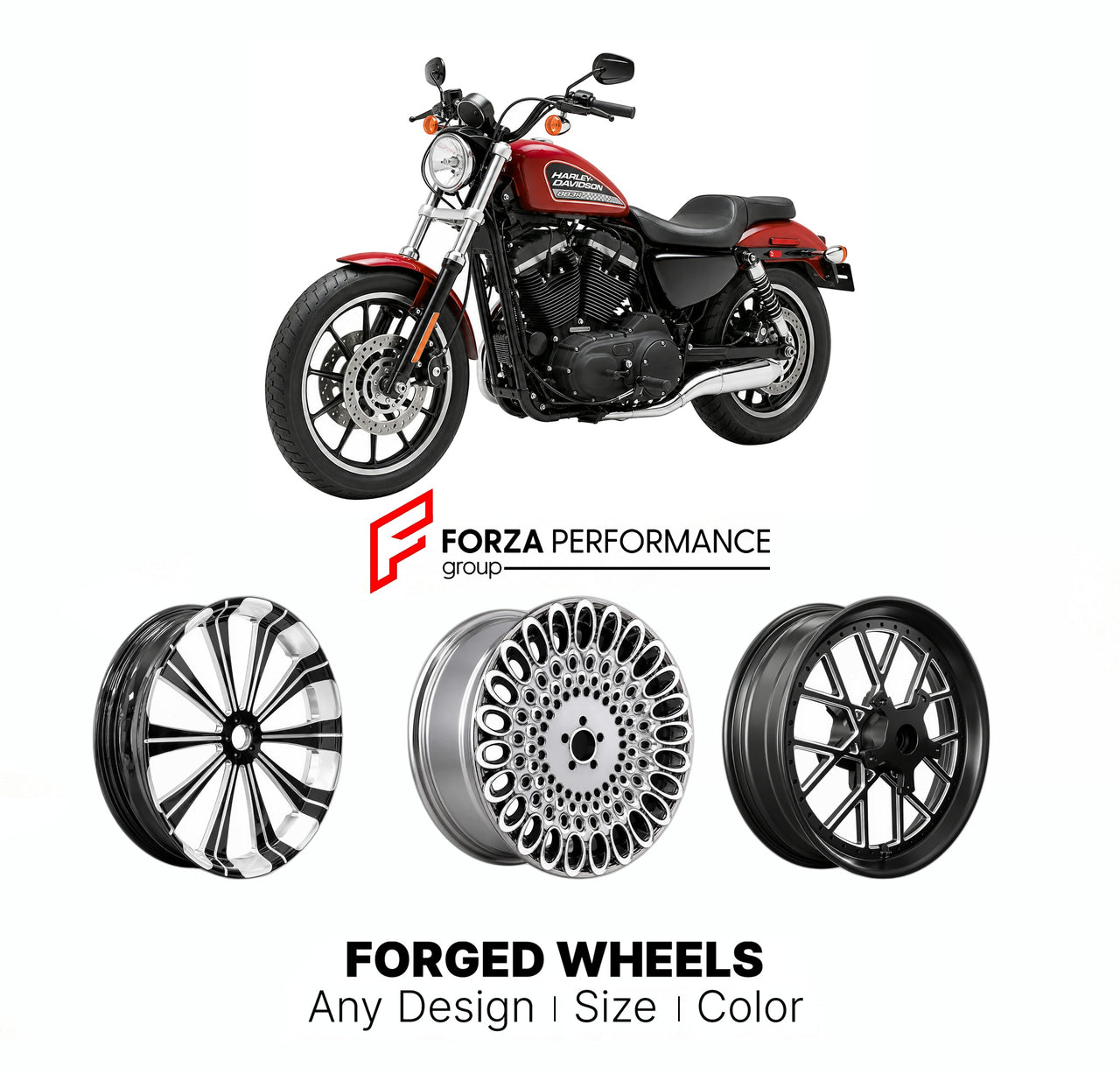 Custom forged motorcycle wheels for Harley Davidson XL883R Sportster 883 Roadster 2002 - 2015. Any size, color and finish. ABS/non-ABS fitment available.

We manufacture premium quality forged motorcycle wheels rims for Harley Davidson XL883R Sportster 883 Roadster 2002 - 2015 in any design, size, color.

We ensure your wheel set is delivered and fitted perfectly.

Finishing: Any

Optional for an additional price: Dual-Color, Brushing, Chroming, Polishing, Carbon Barrel.

We offer motorcycle wheels in many 