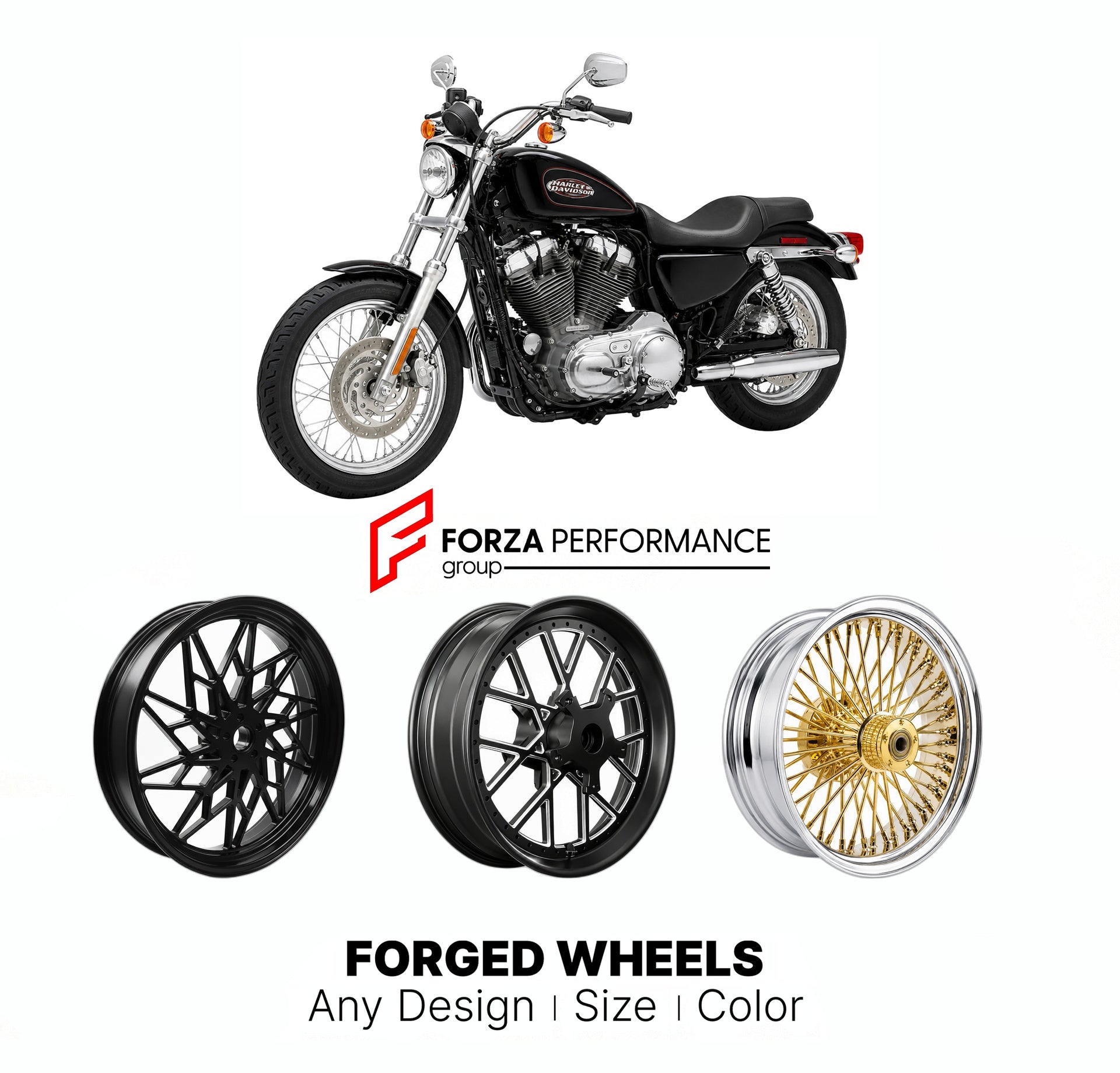 Custom forged motorcycle wheels for Harley Davidson XL883 2004 - 2009. Any size, color and finish. ABS/non-ABS fitment available.

We manufacture premium quality forged motorcycle wheels rims for Harley Davidson XL883 2004 - 2009 in any design, size, color.

We ensure your wheel set is delivered and fitted perfectly.

Finishing: Any

Optional for an additional price: Dual-Color, Brushing, Chroming, Polishing, Carbon Barrel.

We offer motorcycle wheels in many sizes: 12, 13, 14, 15, 16, 17, 18, 19, 20, 21, 2