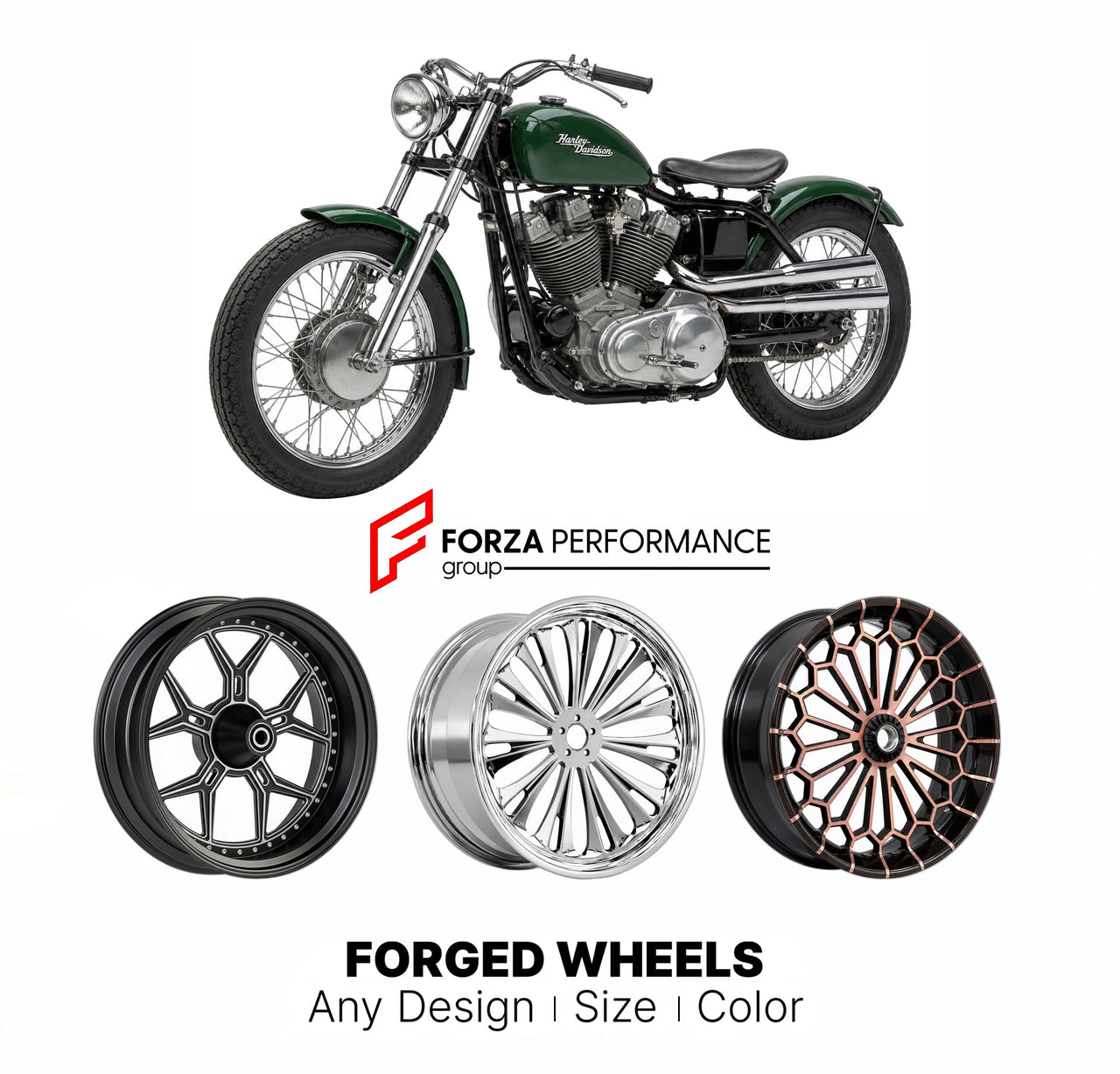 Custom forged motorcycle wheels for Harley Davidson XLCH Sportster 1958 - 1979. Any size, color and finish. ABS/non-ABS fitment available.

We manufacture premium quality forged motorcycle wheels rims for Harley Davidson XLCH Sportster 1958 - 1979 in any design, size, color.

We ensure your wheel set is delivered and fitted perfectly.

Finishing: Any

Optional for an additional price: Dual-Color, Brushing, Chroming, Polishing, Carbon Barrel.

We offer motorcycle wheels in many sizes: 12, 13, 14, 15, 16, 17,