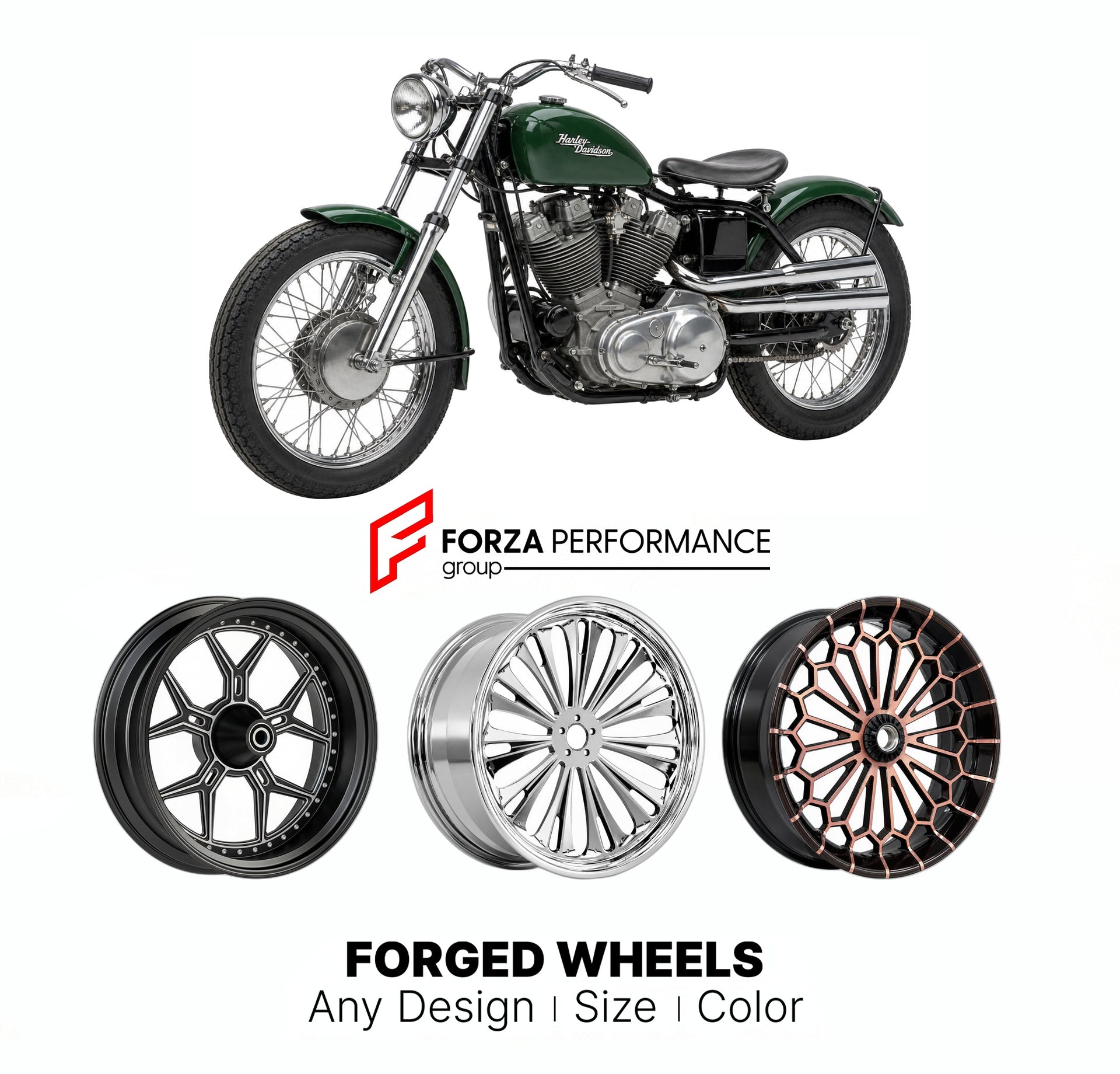 Custom forged motorcycle wheels for Harley Davidson XLCH Sportster 1958 - 1979. Any size, color and finish. ABS/non-ABS fitment available.

We manufacture premium quality forged motorcycle wheels rims for Harley Davidson XLCH Sportster 1958 - 1979 in any design, size, color.

We ensure your wheel set is delivered and fitted perfectly.

Finishing: Any

Optional for an additional price: Dual-Color, Brushing, Chroming, Polishing, Carbon Barrel.

We offer motorcycle wheels in many sizes: 12, 13, 14, 15, 16, 17,