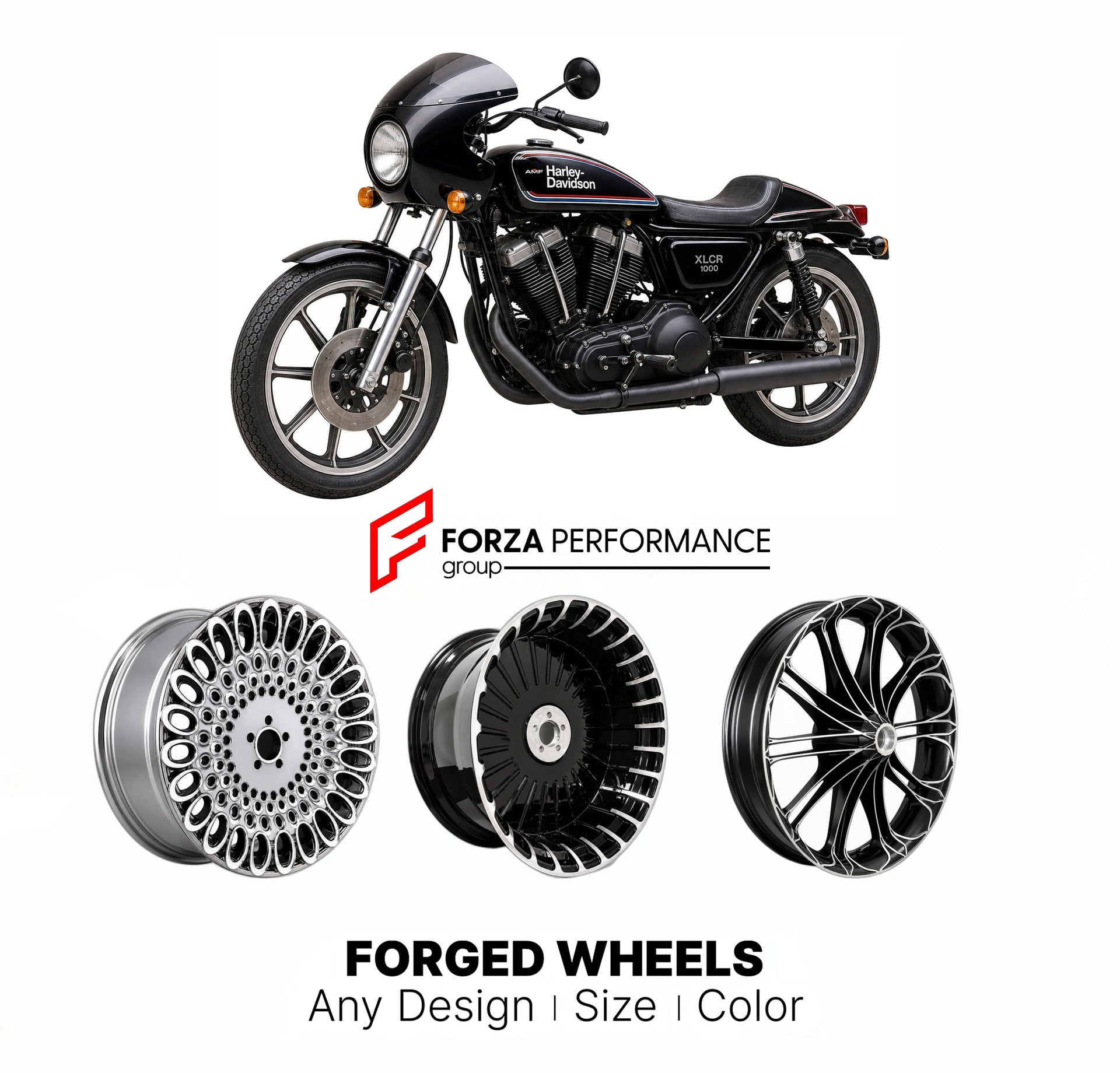 Custom forged motorcycle wheels for Harley Davidson XLCR Café Racer 1977 - 1978. Any size, color and finish. ABS/non-ABS fitment available.

We manufacture premium quality forged motorcycle wheels rims for Harley Davidson XLCR Café Racer 1977 - 1978 in any design, size, color.

We ensure your wheel set is delivered and fitted perfectly.

Finishing: Any

Optional for an additional price: Dual-Color, Brushing, Chroming, Polishing, Carbon Barrel.

We offer motorcycle wheels in many sizes: 12, 13, 14, 15, 16, 1