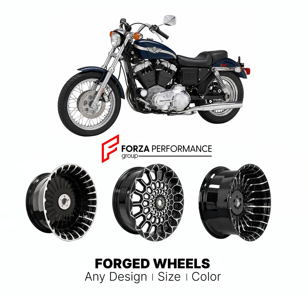 Custom forged motorcycle wheels for Harley Davidson XLH1200 Sportster 1200 1988 - 2003. Any size, color and finish. ABS/non-ABS fitment available.

We manufacture premium quality forged motorcycle wheels rims for Harley Davidson XLH1200 Sportster 1200 1988 - 2003 in any design, size, color.

We ensure your wheel set is delivered and fitted perfectly.

Finishing: Any

Optional for an additional price: Dual-Color, Brushing, Chroming, Polishing, Carbon Barrel.

We offer motorcycle wheels in many sizes: 12, 13,