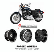 Custom forged motorcycle wheels for Harley Davidson XLH1200 Sportster 1200 1988 - 2003. Any size, color and finish. ABS/non-ABS fitment available.

We manufacture premium quality forged motorcycle wheels rims for Harley Davidson XLH1200 Sportster 1200 1988 - 2003 in any design, size, color.

We ensure your wheel set is delivered and fitted perfectly.

Finishing: Any

Optional for an additional price: Dual-Color, Brushing, Chroming, Polishing, Carbon Barrel.

We offer motorcycle wheels in many sizes: 12, 13,