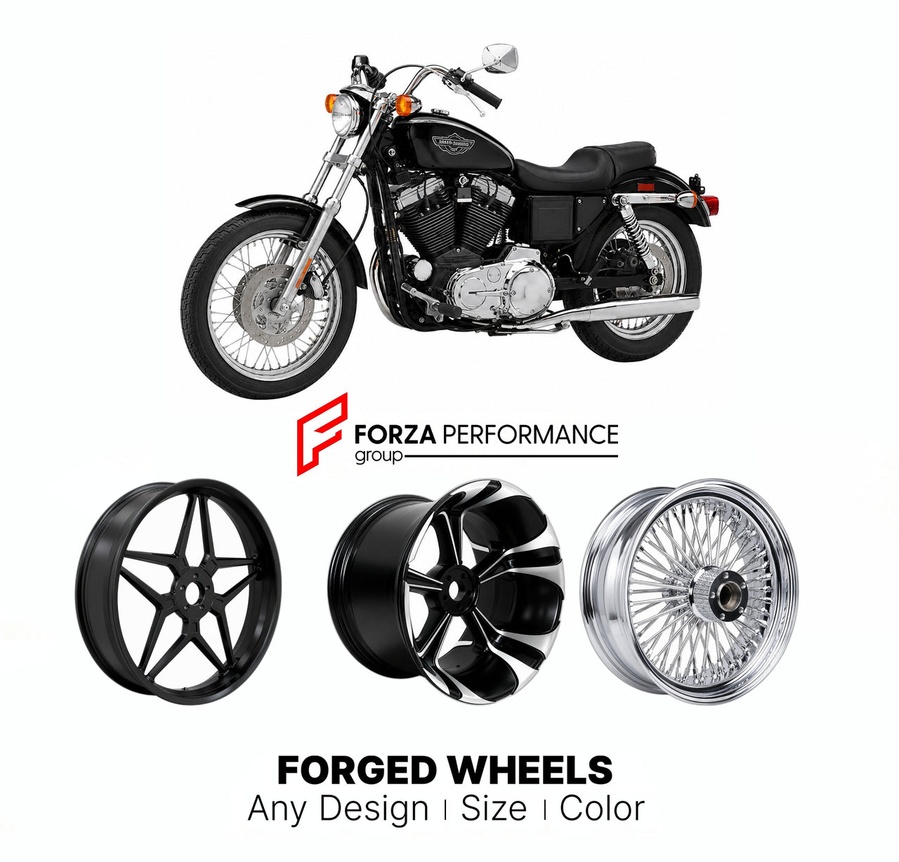 Custom forged motorcycle wheels for Harley Davidson XLH883 Hugger 1987 - 2003. Any size, color and finish. ABS/non-ABS fitment available.

We manufacture premium quality forged motorcycle wheels rims for Harley Davidson XLH883 Hugger 1987 - 2003 in any design, size, color.

We ensure your wheel set is delivered and fitted perfectly.

Finishing: Any

Optional for an additional price: Dual-Color, Brushing, Chroming, Polishing, Carbon Barrel.

We offer motorcycle wheels in many sizes: 12, 13, 14, 15, 16, 17, 1