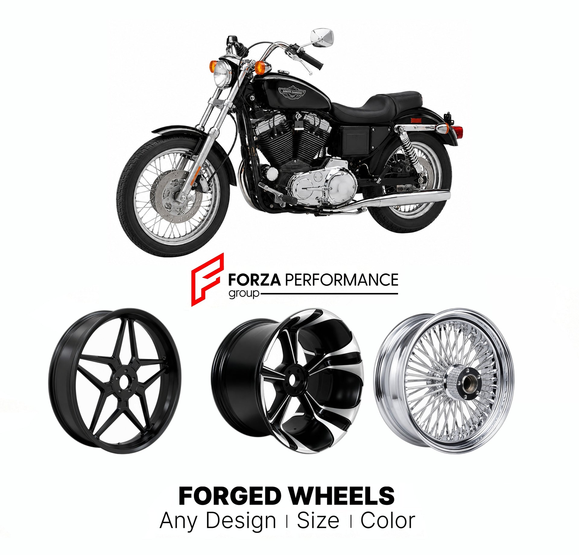 Custom forged motorcycle wheels for Harley Davidson XLH883 Hugger 1987 - 2003. Any size, color and finish. ABS/non-ABS fitment available.

We manufacture premium quality forged motorcycle wheels rims for Harley Davidson XLH883 Hugger 1987 - 2003 in any design, size, color.

We ensure your wheel set is delivered and fitted perfectly.

Finishing: Any

Optional for an additional price: Dual-Color, Brushing, Chroming, Polishing, Carbon Barrel.

We offer motorcycle wheels in many sizes: 12, 13, 14, 15, 16, 17, 1