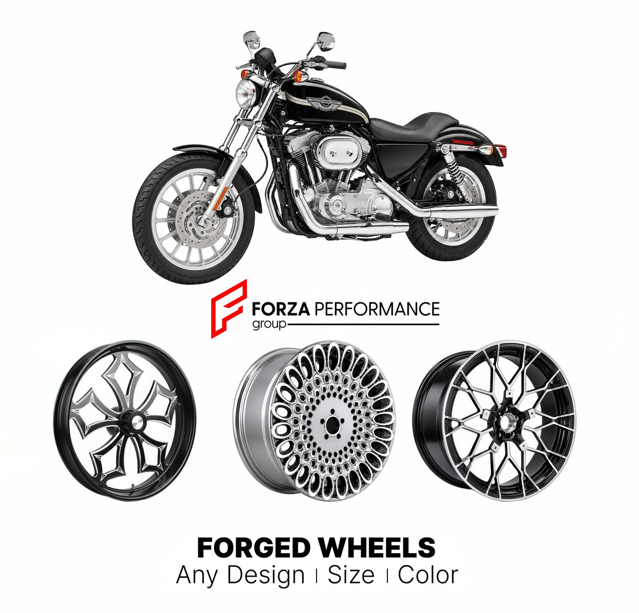 Custom forged motorcycle wheels for Harley Davidson XLH883 Sportster 883 1986 - 2003. Any size, color and finish. ABS/non-ABS fitment available.

We manufacture premium quality forged motorcycle wheels rims for Harley Davidson XLH883 Sportster 883 1986 - 2003 in any design, size, color.

We ensure your wheel set is delivered and fitted perfectly.

Finishing: Any

Optional for an additional price: Dual-Color, Brushing, Chroming, Polishing, Carbon Barrel.

We offer motorcycle wheels in many sizes: 12, 13, 14,