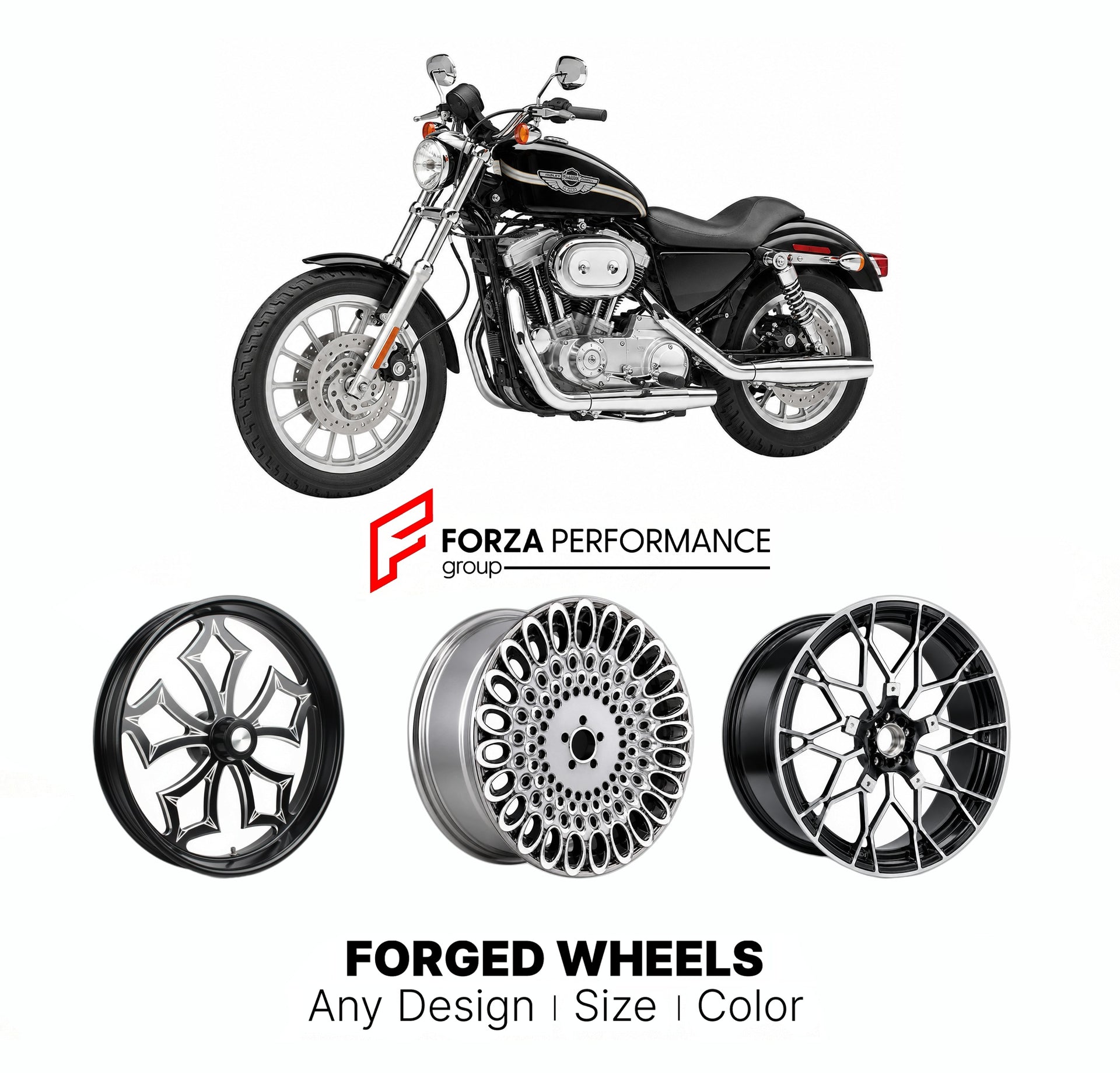 Custom forged motorcycle wheels for Harley Davidson XLH883 Sportster 883 1986 - 2003. Any size, color and finish. ABS/non-ABS fitment available.

We manufacture premium quality forged motorcycle wheels rims for Harley Davidson XLH883 Sportster 883 1986 - 2003 in any design, size, color.

We ensure your wheel set is delivered and fitted perfectly.

Finishing: Any

Optional for an additional price: Dual-Color, Brushing, Chroming, Polishing, Carbon Barrel.

We offer motorcycle wheels in many sizes: 12, 13, 14,