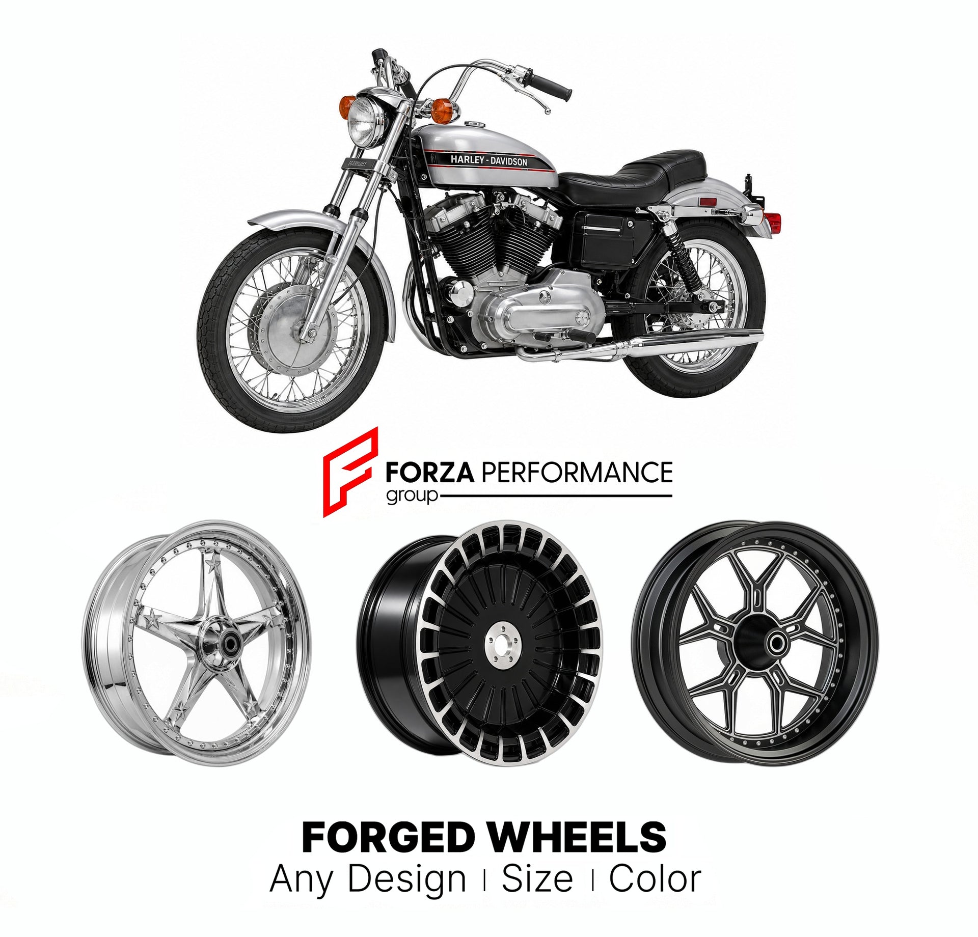 Custom forged motorcycle wheels for Harley Davidson XLH Sportster 1957 - 1985. Any size, color and finish. ABS/non-ABS fitment available.

We manufacture premium quality forged motorcycle wheels rims for Harley Davidson XLH Sportster 1957 - 1985 in any design, size, color.

We ensure your wheel set is delivered and fitted perfectly.

Finishing: Any

Optional for an additional price: Dual-Color, Brushing, Chroming, Polishing, Carbon Barrel.

We offer motorcycle wheels in many sizes: 12, 13, 14, 15, 16, 17, 1
