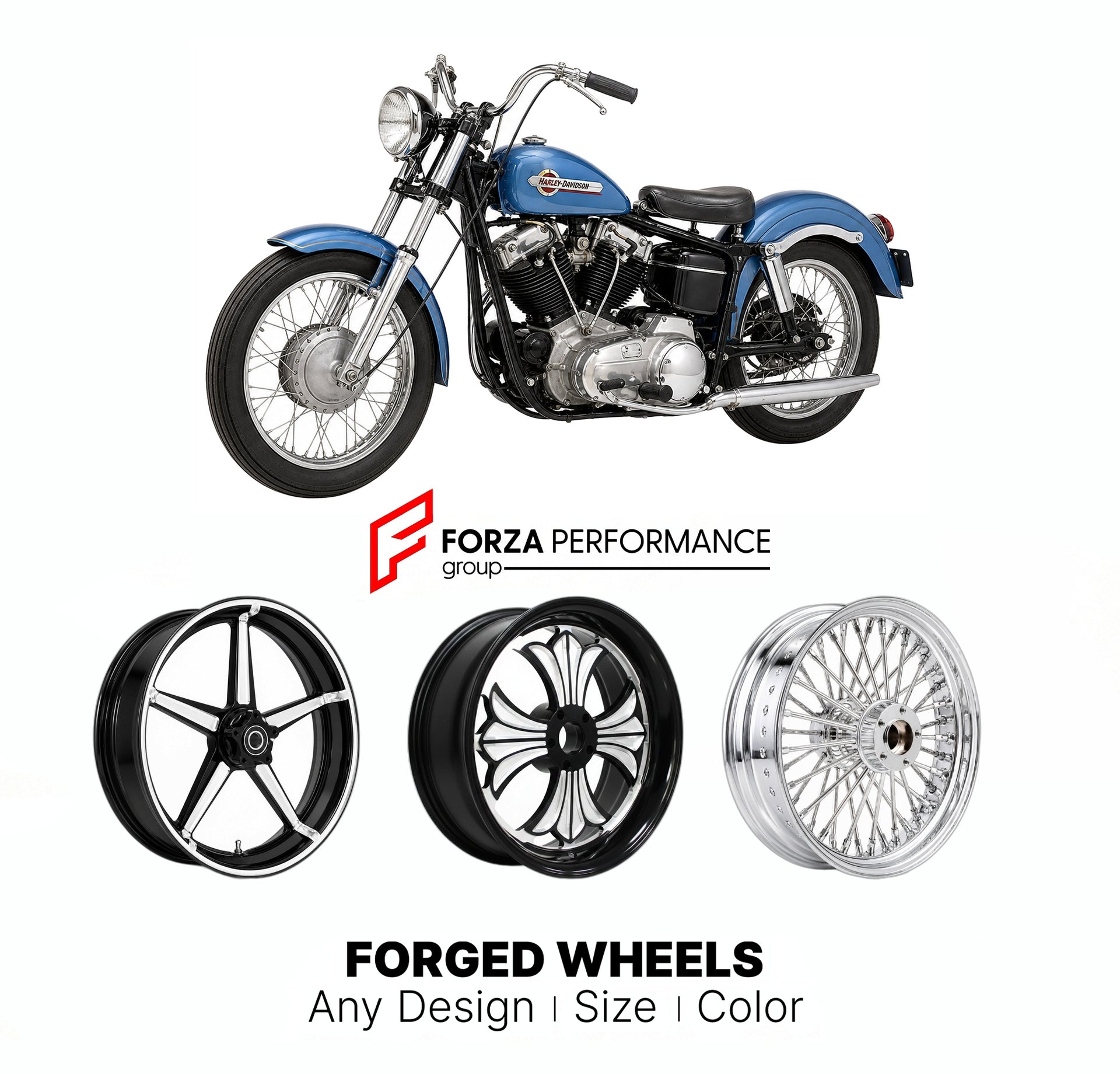 Custom forged motorcycle wheels for Harley Davidson XL Sportster 1957 - 1985. Any size, color and finish. ABS/non-ABS fitment available.

We manufacture premium quality forged motorcycle wheels rims for Harley Davidson XL Sportster 1957 - 1985 in any design, size, color.

We ensure your wheel set is delivered and fitted perfectly.

Finishing: Any

Optional for an additional price: Dual-Color, Brushing, Chroming, Polishing, Carbon Barrel.

We offer motorcycle wheels in many sizes: 12, 13, 14, 15, 16, 17, 18,