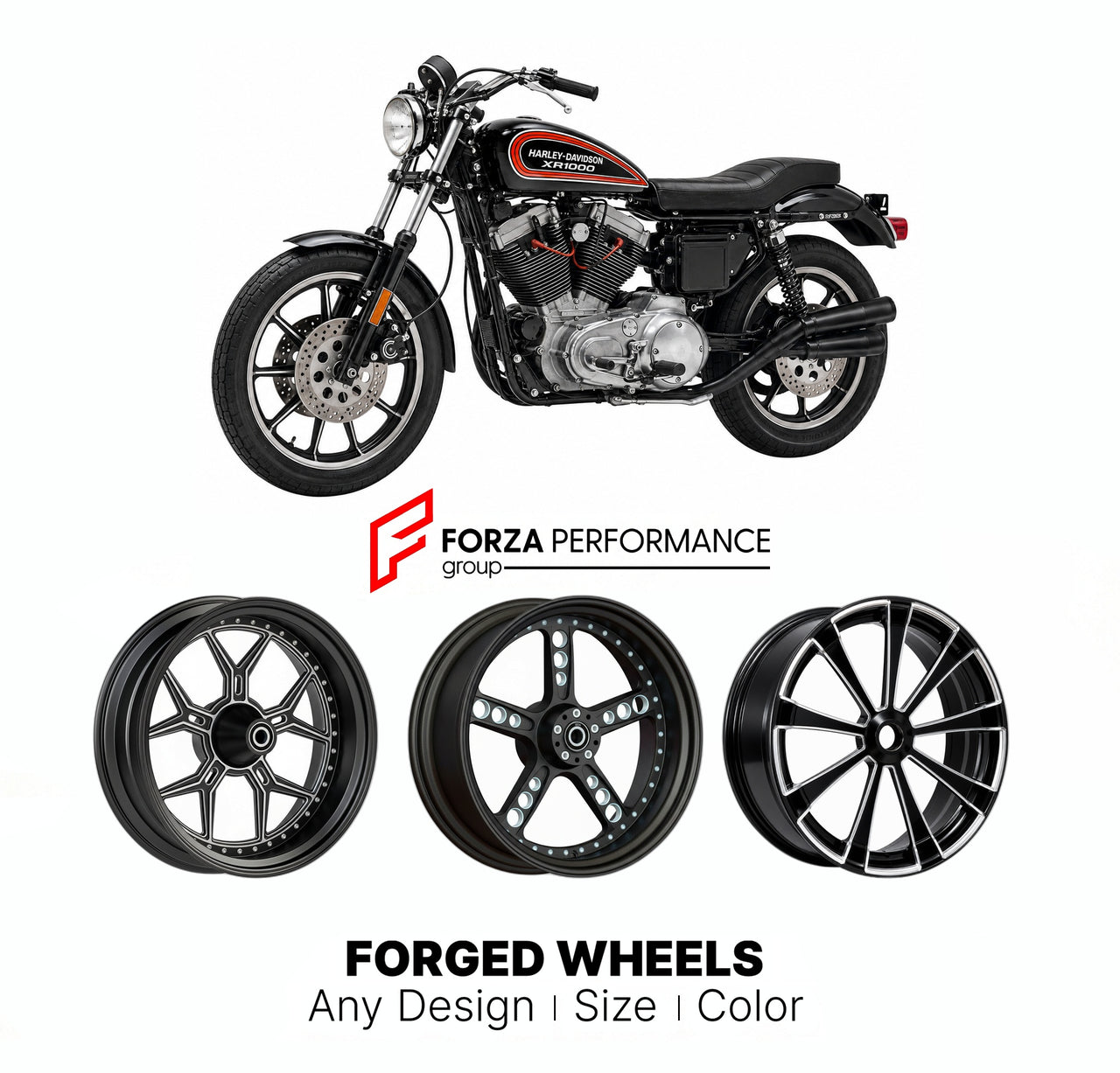 Custom forged motorcycle wheels for Harley Davidson XR1000 1983 - 1984. Any size, color and finish. ABS/non-ABS fitment available.

We manufacture premium quality forged motorcycle wheels rims for Harley Davidson XR1000 1983 - 1984 in any design, size, color.

We ensure your wheel set is delivered and fitted perfectly.

Finishing: Any

Optional for an additional price: Dual-Color, Brushing, Chroming, Polishing, Carbon Barrel.

We offer motorcycle wheels in many sizes: 12, 13, 14, 15, 16, 17, 18, 19, 20, 21,