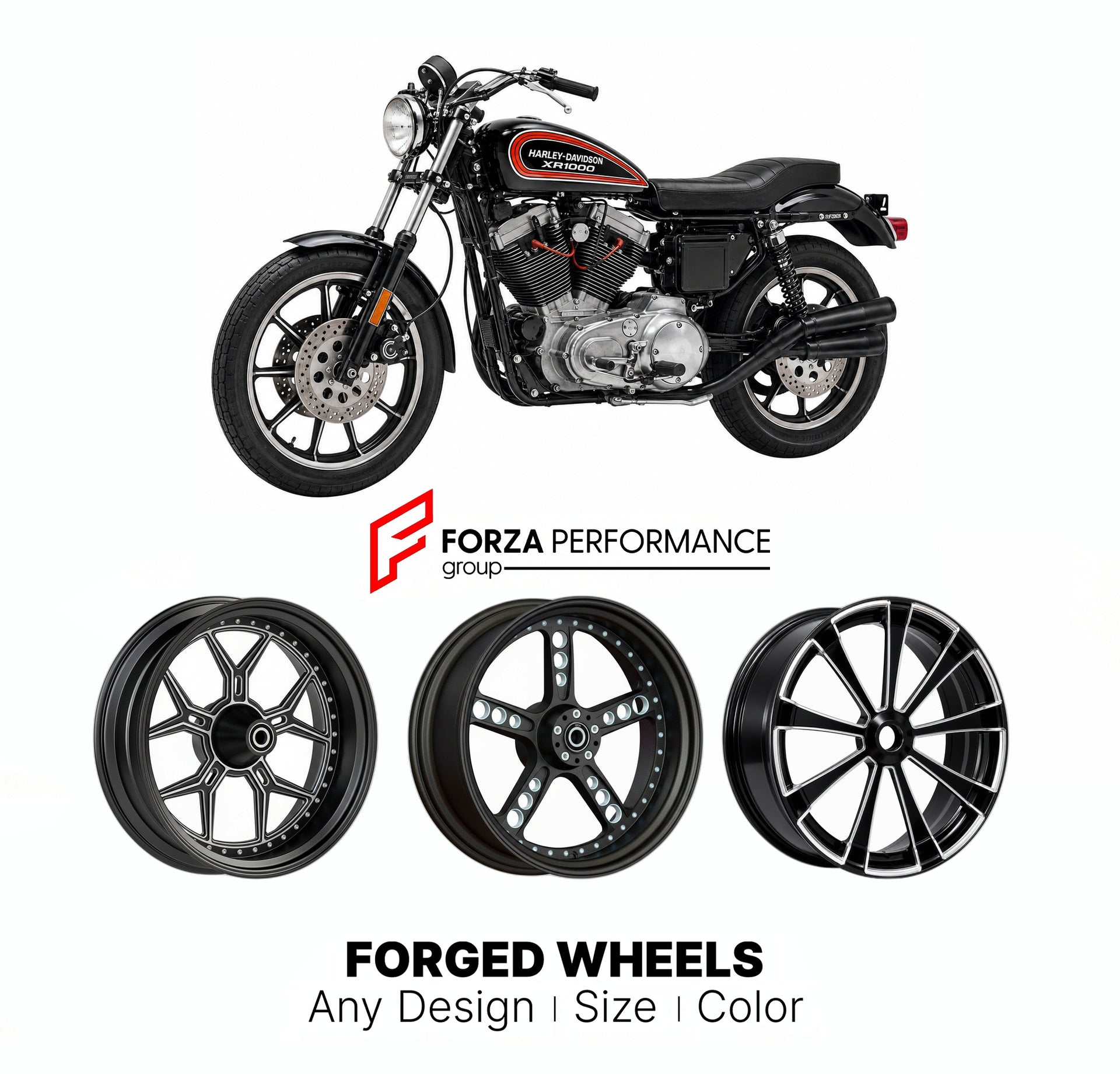 Custom forged motorcycle wheels for Harley Davidson XR1000 1983 - 1984. Any size, color and finish. ABS/non-ABS fitment available.

We manufacture premium quality forged motorcycle wheels rims for Harley Davidson XR1000 1983 - 1984 in any design, size, color.

We ensure your wheel set is delivered and fitted perfectly.

Finishing: Any

Optional for an additional price: Dual-Color, Brushing, Chroming, Polishing, Carbon Barrel.

We offer motorcycle wheels in many sizes: 12, 13, 14, 15, 16, 17, 18, 19, 20, 21,