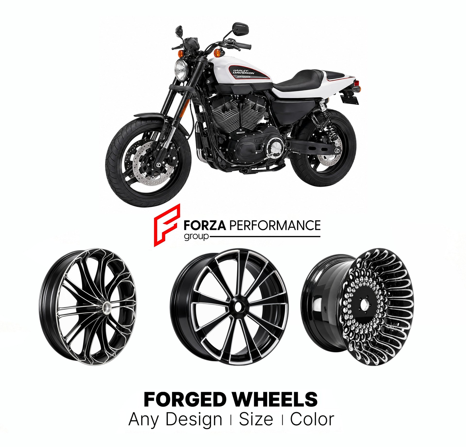 Custom forged motorcycle wheels for Harley Davidson XR1200X 2008 - 2012. Any size, color and finish. ABS/non-ABS fitment available.

We manufacture premium quality forged motorcycle wheels rims for Harley Davidson XR1200X 2008 - 2012 in any design, size, color.

We ensure your wheel set is delivered and fitted perfectly.

Finishing: Any

Optional for an additional price: Dual-Color, Brushing, Chroming, Polishing, Carbon Barrel.

We offer motorcycle wheels in many sizes: 12, 13, 14, 15, 16, 17, 18, 19, 20, 2