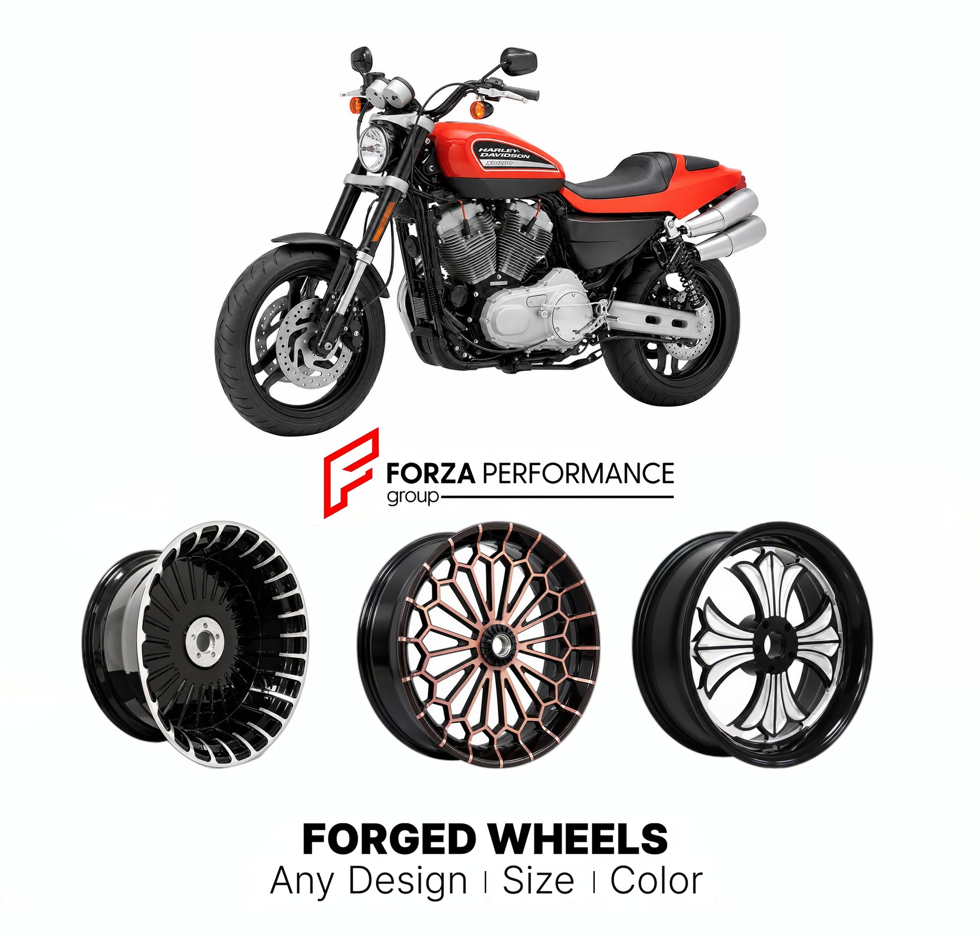 Custom forged motorcycle wheels for Harley Davidson XR1200 2008 - 2012. Any size, color and finish. ABS/non-ABS fitment available.

We manufacture premium quality forged motorcycle wheels rims for Harley Davidson XR1200 2008 - 2012 in any design, size, color.

We ensure your wheel set is delivered and fitted perfectly.

Finishing: Any

Optional for an additional price: Dual-Color, Brushing, Chroming, Polishing, Carbon Barrel.

We offer motorcycle wheels in many sizes: 12, 13, 14, 15, 16, 17, 18, 19, 20, 21,