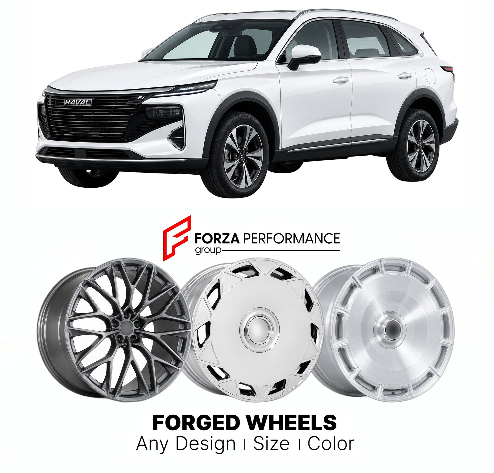 Custom forged wheels for Haval GWM F7 2024+. Made-to-order monoblock, 2-piece and 3-piece wheels in custom sizes, offsets, colors and finishes with guaranteed vehicle fitment.

We manufacture premium quality forged wheels rims for Haval GWM F7 2024+ in any design, size, color.

THIS WHEEL DESIGN CAN BE CUSTOM-MADE FOR YOUR CAR IN ANY SIZE AND COLOR OPTIONS
Available in monoblock, 2-piece, 3-piece, duoblock, beadlock
3D wheel renderings are provided according to the exact dimensions and specifications reques