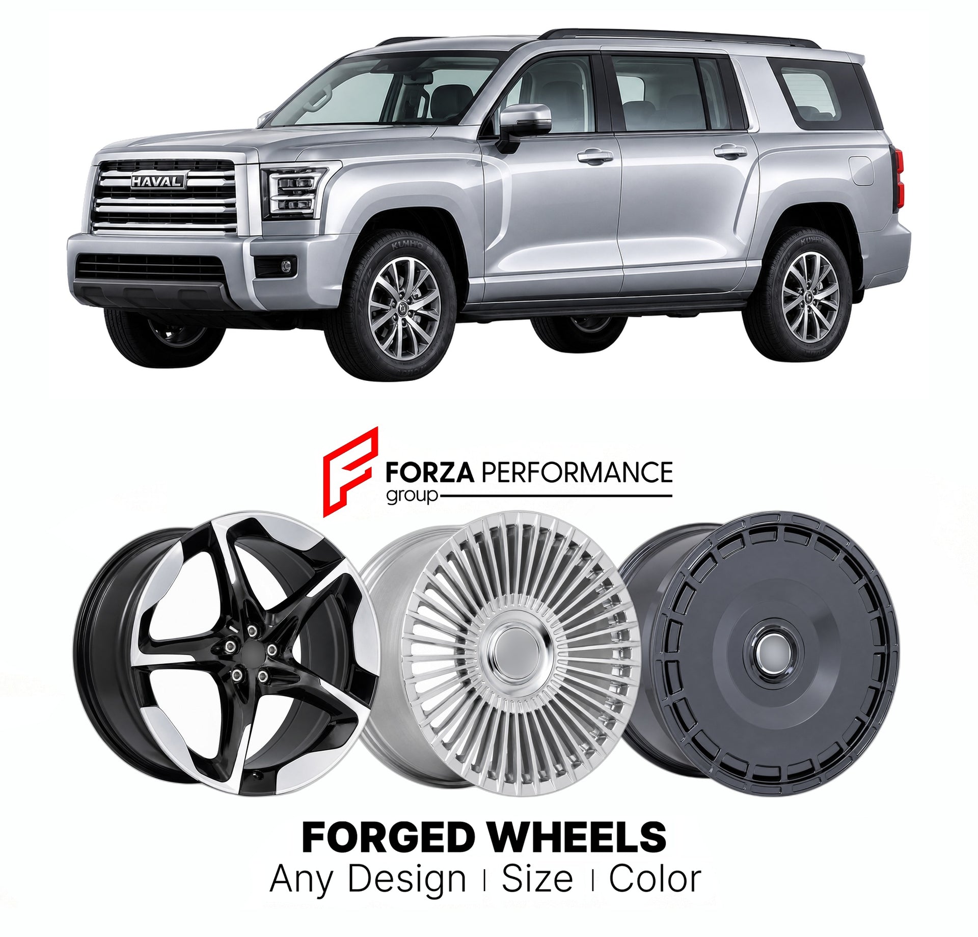 Custom forged wheels for Haval GWM H5 2023+. Made-to-order monoblock, 2-piece and 3-piece wheels in custom sizes, offsets, colors and finishes with guaranteed vehicle fitment.

We manufacture premium quality forged wheels rims for Haval GWM H5 2023+ in any design, size, color.

THIS WHEEL DESIGN CAN BE CUSTOM-MADE FOR YOUR CAR IN ANY SIZE AND COLOR OPTIONS
Available in monoblock, 2-piece, 3-piece, duoblock, beadlock
3D wheel renderings are provided according to the exact dimensions and specifications reques