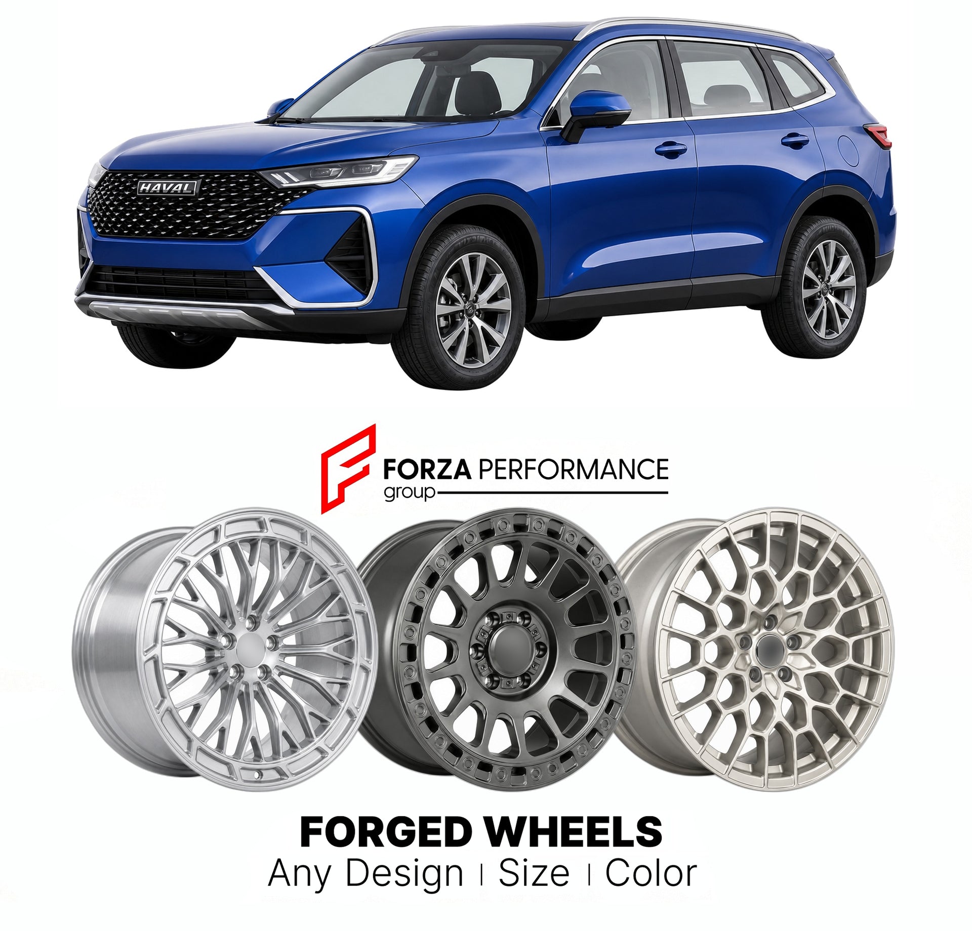Custom forged wheels for Haval GWM H6 2020+. Made-to-order monoblock, 2-piece and 3-piece wheels in custom sizes, offsets, colors and finishes with guaranteed vehicle fitment.

We manufacture premium quality forged wheels rims for Haval GWM H6 2020+ in any design, size, color.

THIS WHEEL DESIGN CAN BE CUSTOM-MADE FOR YOUR CAR IN ANY SIZE AND COLOR OPTIONS
Available in monoblock, 2-piece, 3-piece, duoblock, beadlock
3D wheel renderings are provided according to the exact dimensions and specifications reques