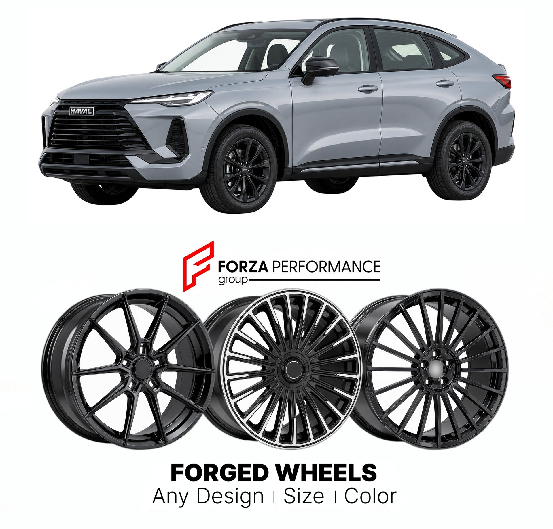 Custom forged wheels for Haval GWM H6 GT F7x 2021+. Made-to-order monoblock, 2-piece and 3-piece wheels in custom sizes, offsets, colors and finishes with guaranteed vehicle fitment.

We manufacture premium quality forged wheels rims for Haval GWM H6 GT F7x 2021+ in any design, size, color.

THIS WHEEL DESIGN CAN BE CUSTOM-MADE FOR YOUR CAR IN ANY SIZE AND COLOR OPTIONS
Available in monoblock, 2-piece, 3-piece, duoblock, beadlock
3D wheel renderings are provided according to the exact dimensions and specifi