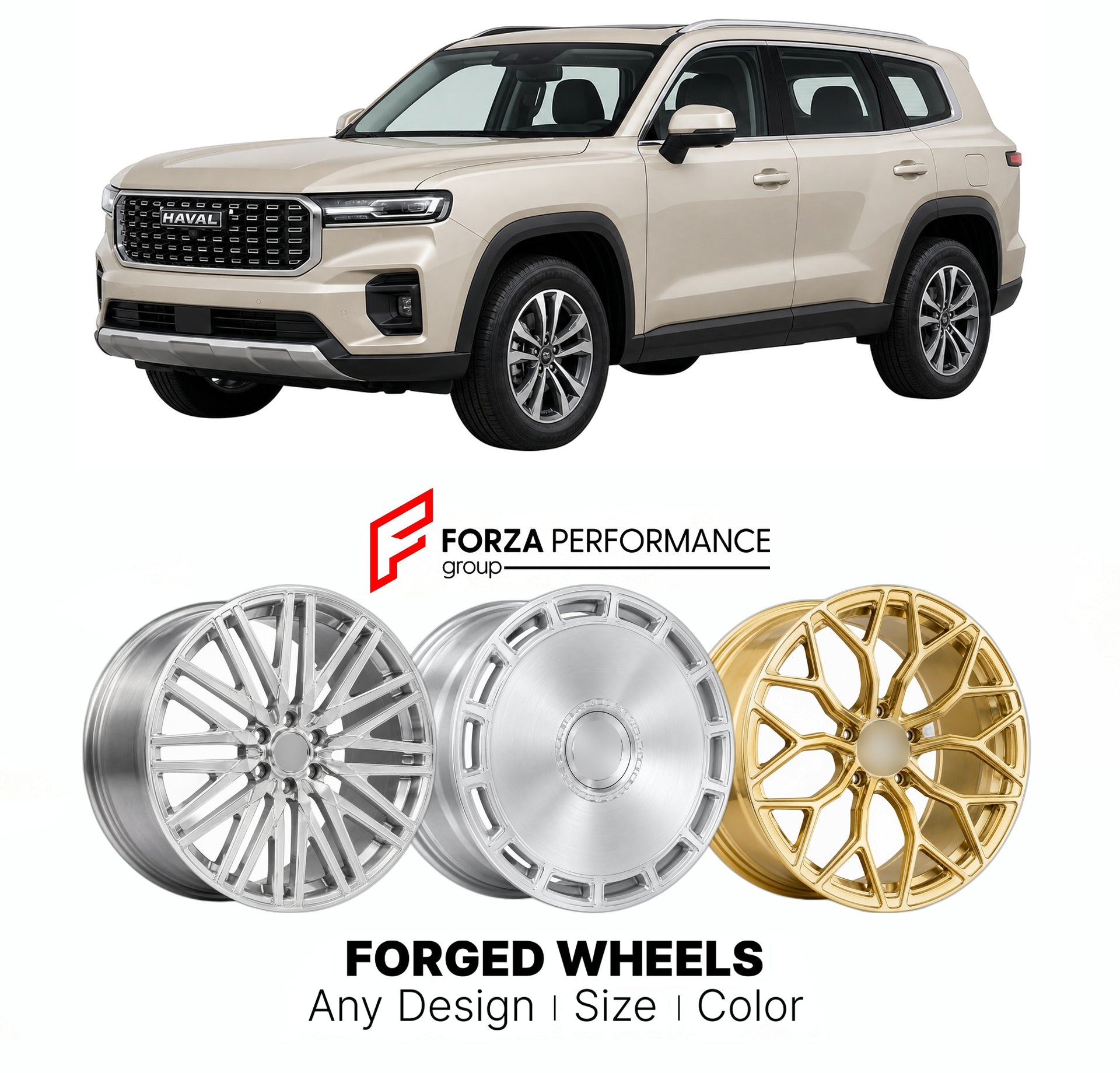 Custom forged wheels for Haval GWM H7 2025+. Made-to-order monoblock, 2-piece and 3-piece wheels in custom sizes, offsets, colors and finishes with guaranteed vehicle fitment.

We manufacture premium quality forged wheels rims for Haval GWM H7 2025+ in any design, size, color.

THIS WHEEL DESIGN CAN BE CUSTOM-MADE FOR YOUR CAR IN ANY SIZE AND COLOR OPTIONS
Available in monoblock, 2-piece, 3-piece, duoblock, beadlock
3D wheel renderings are provided according to the exact dimensions and specifications reques