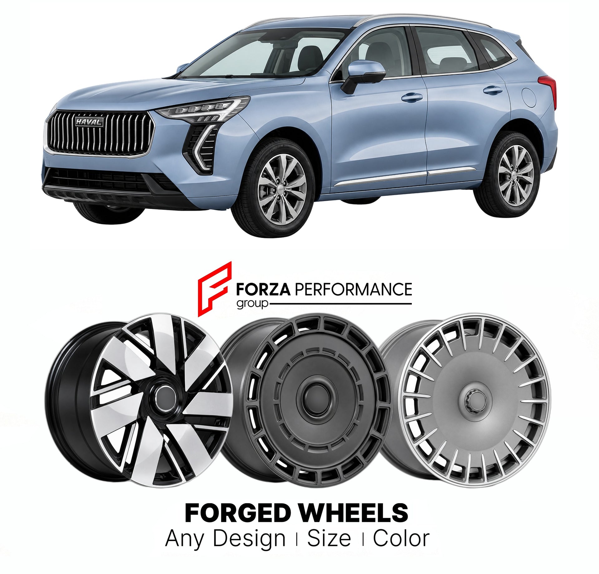 Custom forged wheels for Haval GWM Jolion 2020+. Made-to-order monoblock, 2-piece and 3-piece wheels in custom sizes, offsets, colors and finishes with guaranteed vehicle fitment.

We manufacture premium quality forged wheels rims for Haval GWM Jolion 2020+ in any design, size, color.

THIS WHEEL DESIGN CAN BE CUSTOM-MADE FOR YOUR CAR IN ANY SIZE AND COLOR OPTIONS
Available in monoblock, 2-piece, 3-piece, duoblock, beadlock
3D wheel renderings are provided according to the exact dimensions and specification