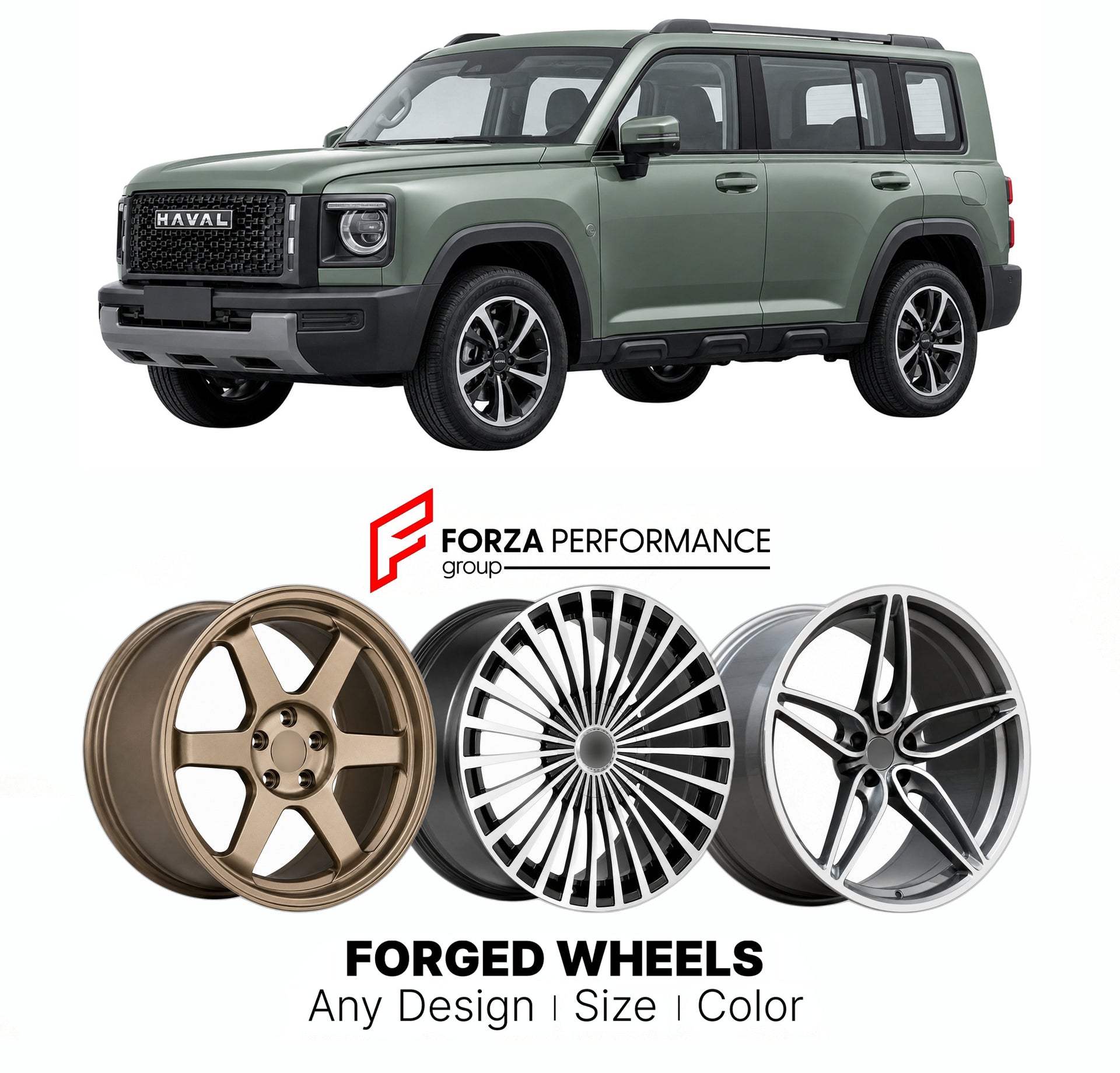 Custom forged wheels for Haval GWM Raptor Menglong 2023+. Made-to-order monoblock, 2-piece and 3-piece wheels in custom sizes, offsets, colors and finishes with guaranteed vehicle fitment.

We manufacture premium quality forged wheels rims for Haval GWM Raptor Menglong 2023+ in any design, size, color.

THIS WHEEL DESIGN CAN BE CUSTOM-MADE FOR YOUR CAR IN ANY SIZE AND COLOR OPTIONS
Available in monoblock, 2-piece, 3-piece, duoblock, beadlock
3D wheel renderings are provided according to the exact dimensions