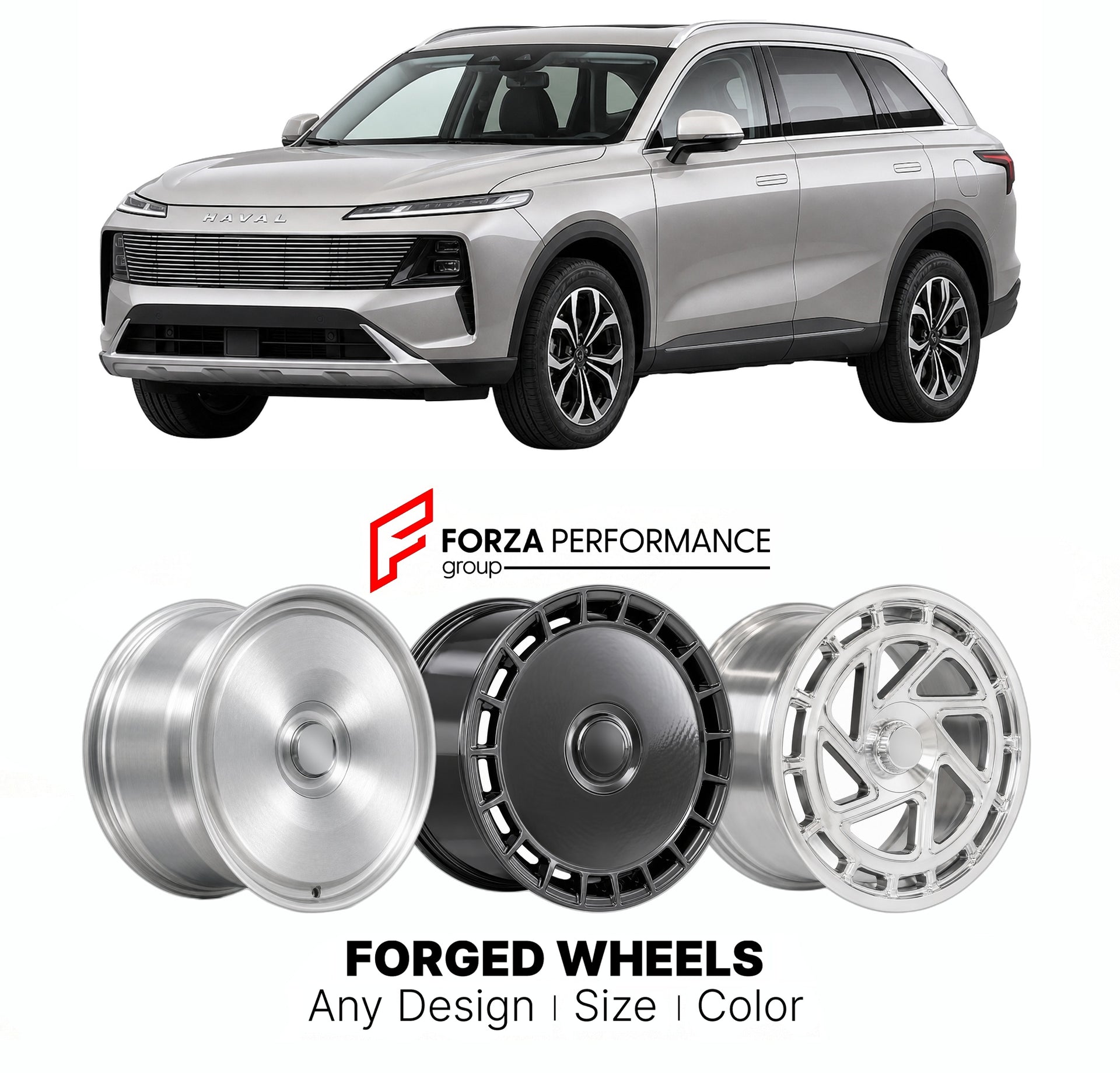 Custom forged wheels for Haval GWM Xiaolong Max 2025+. Made-to-order monoblock, 2-piece and 3-piece wheels in custom sizes, offsets, colors and finishes with guaranteed vehicle fitment.

We manufacture premium quality forged wheels rims for Haval GWM Xiaolong Max 2025+ in any design, size, color.

THIS WHEEL DESIGN CAN BE CUSTOM-MADE FOR YOUR CAR IN ANY SIZE AND COLOR OPTIONS
Available in monoblock, 2-piece, 3-piece, duoblock, beadlock
3D wheel renderings are provided according to the exact dimensions and s